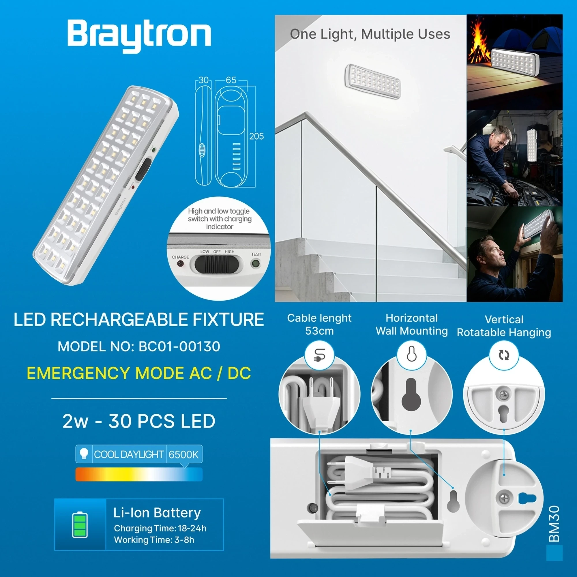 LED PUNJIVA LAMPA BM30 30LED 6500K BELA — slika 3