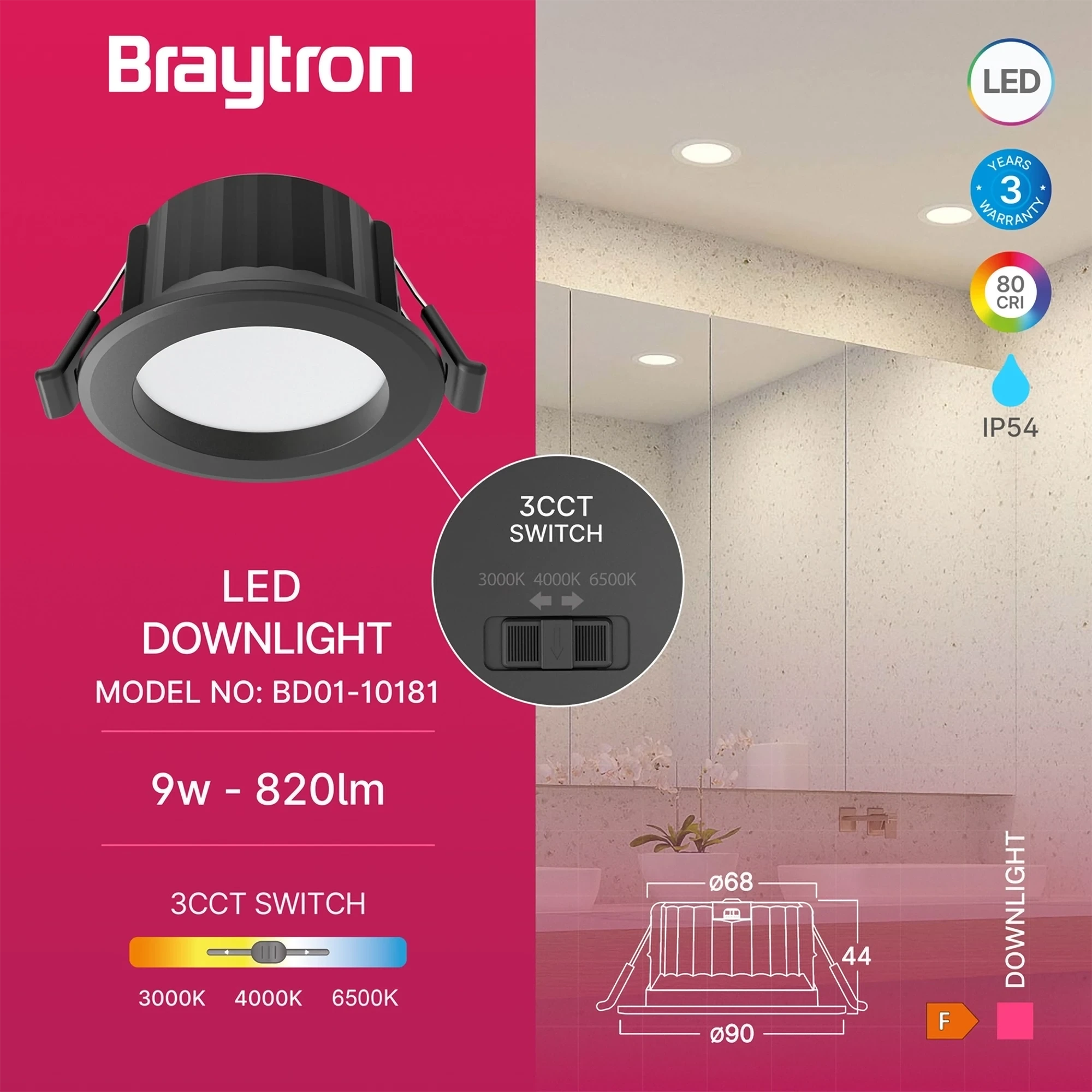 LED DOWNLIGHT D90 9W CRNI CCT IP54 — slika 3