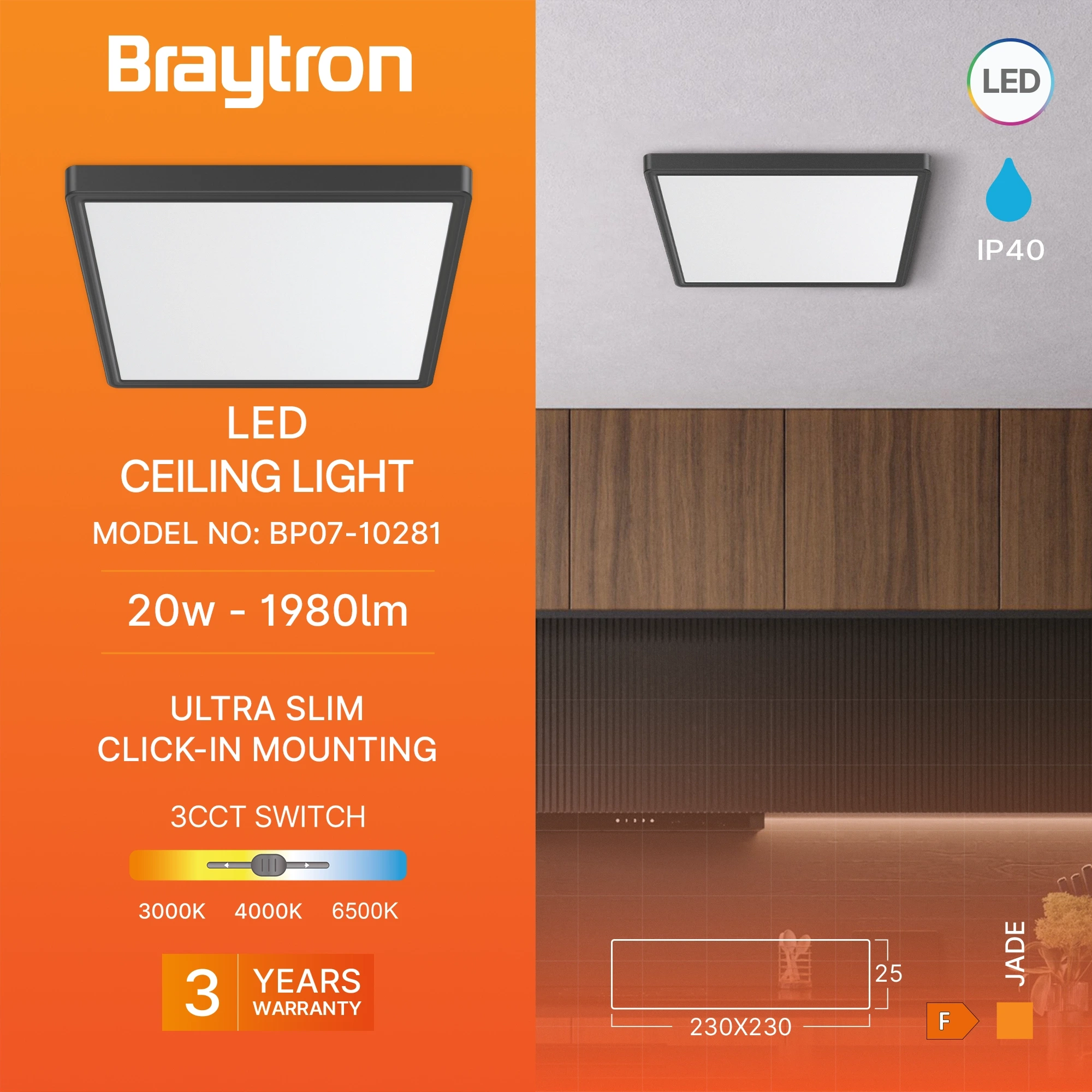 LED PLAFONJERA KVADRATNI 20W CRNI CCT — slika 3