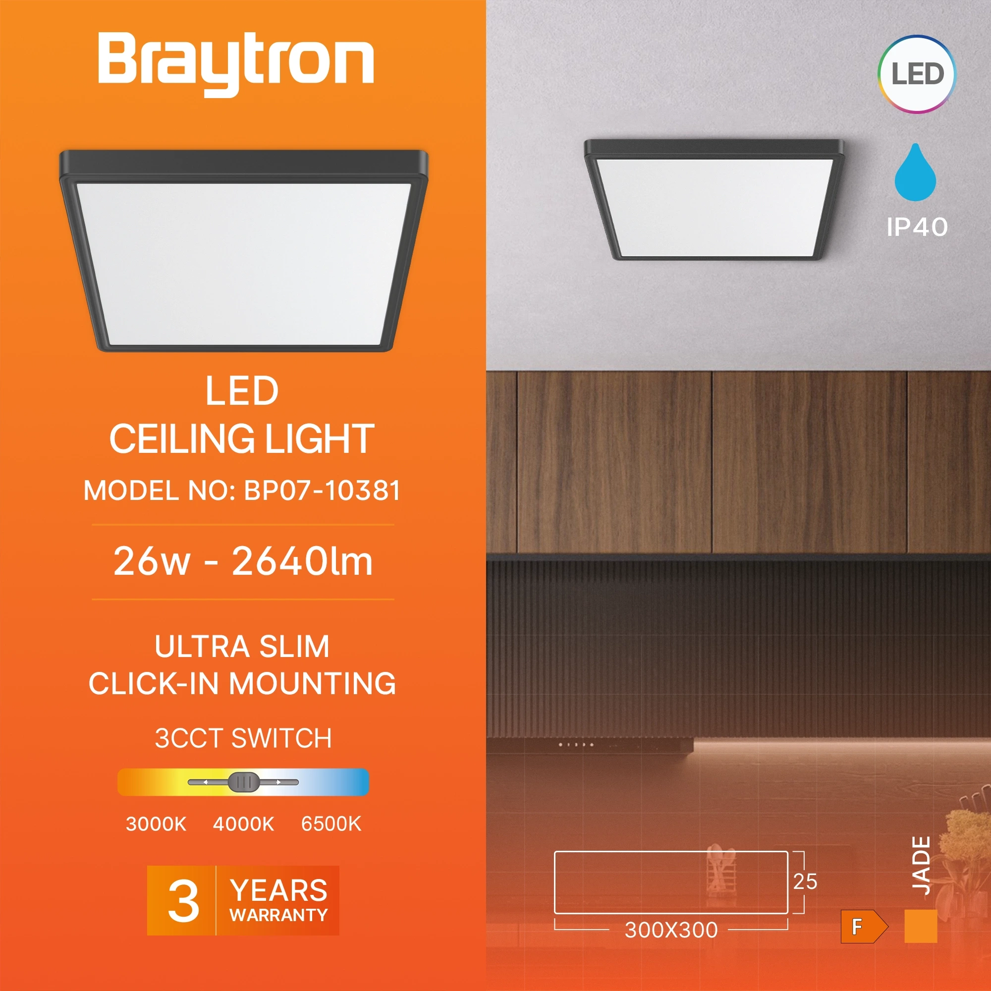 LED PLAFONJERA KVADRATNI 26W CRNI CCT — slika 3