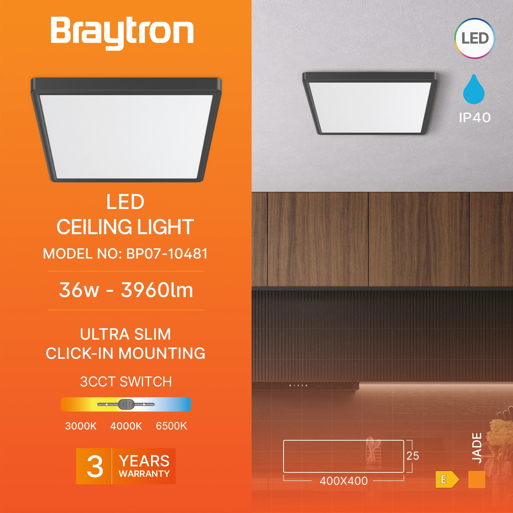 LED PLAFONJERA KVADRATNI 36W CRNI CCT — slika 3