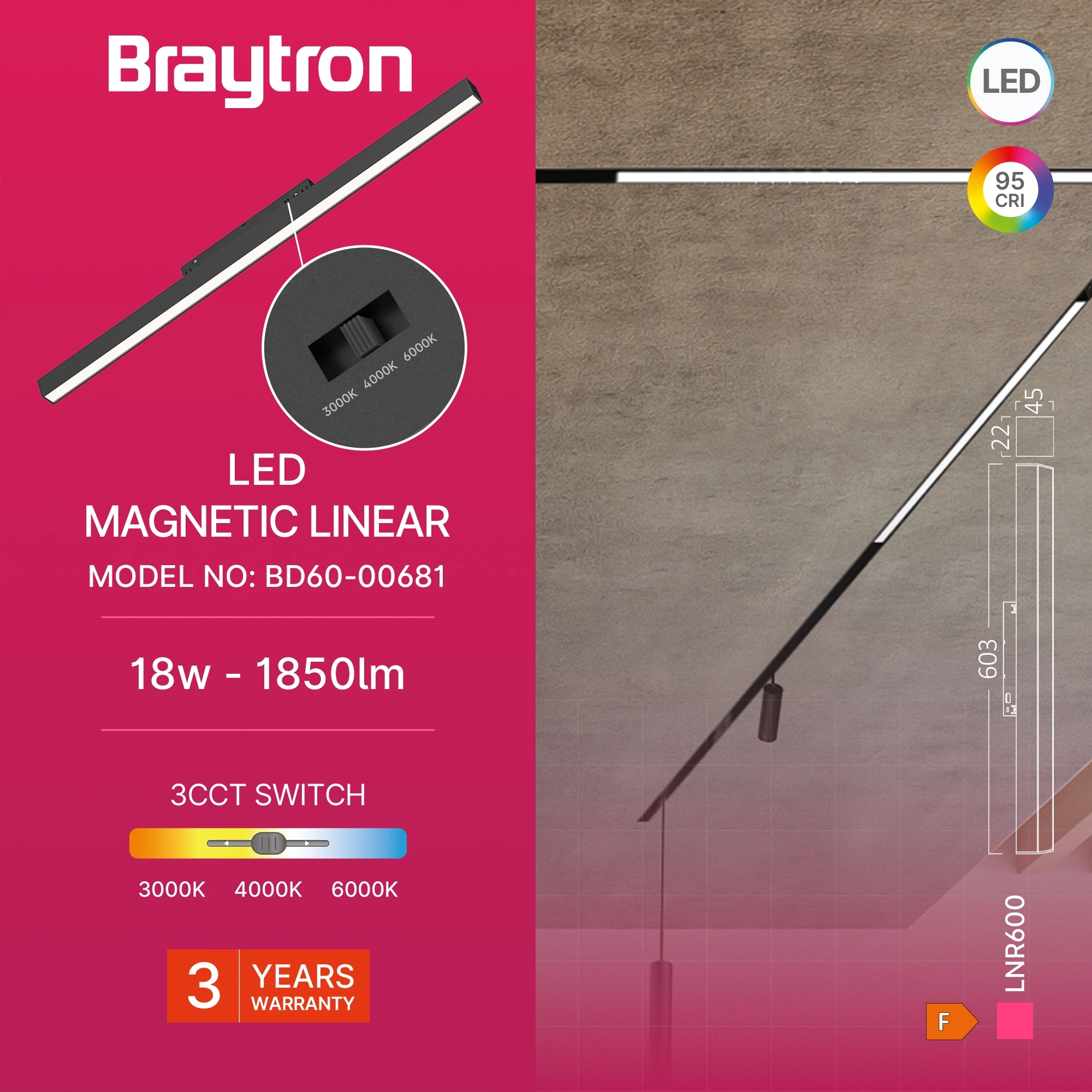 MAGNETNA LINEARNA SVETILJKA 18W CRNI CCT 48VDC — slika 3