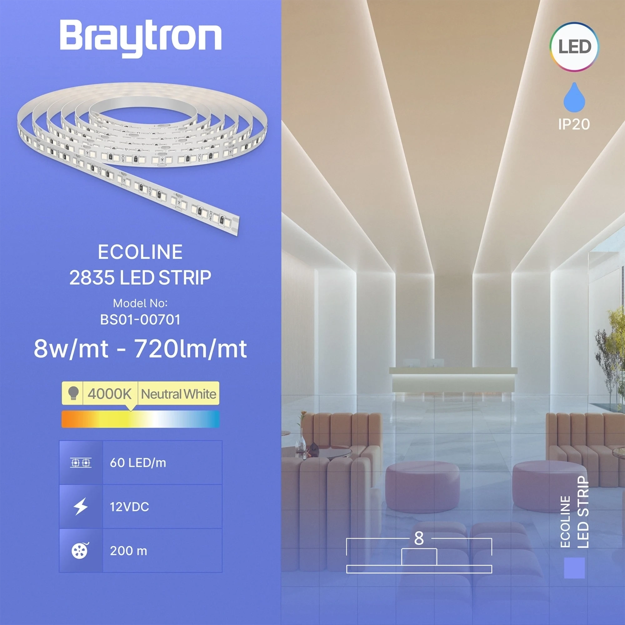 LED TRAKA 8W 60LED 2835 4000K 12V IP20 10m — slika 3
