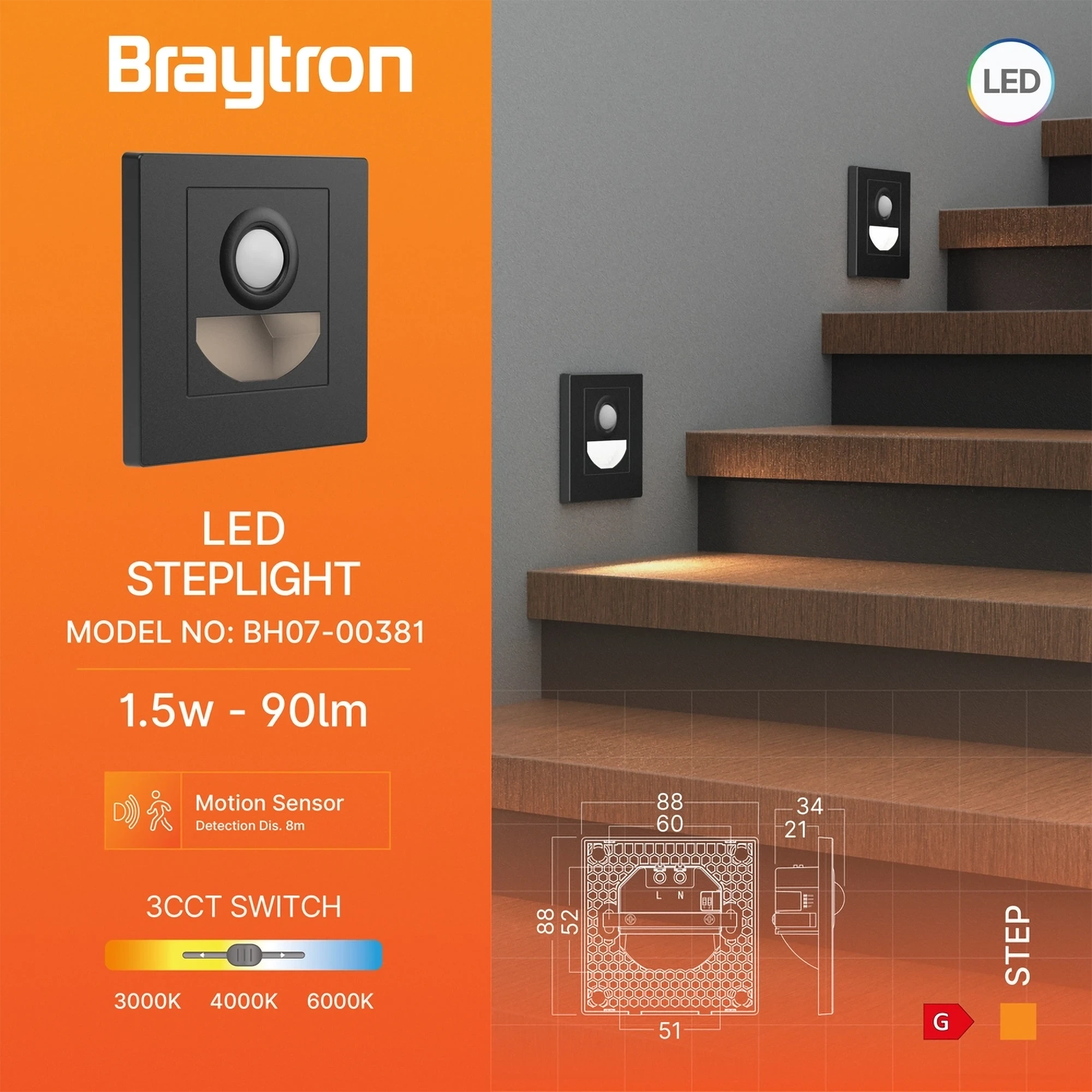 LED STEPENISNA SVETILJKA SA SENZOROM 1.5W CRNA CCT — slika 3