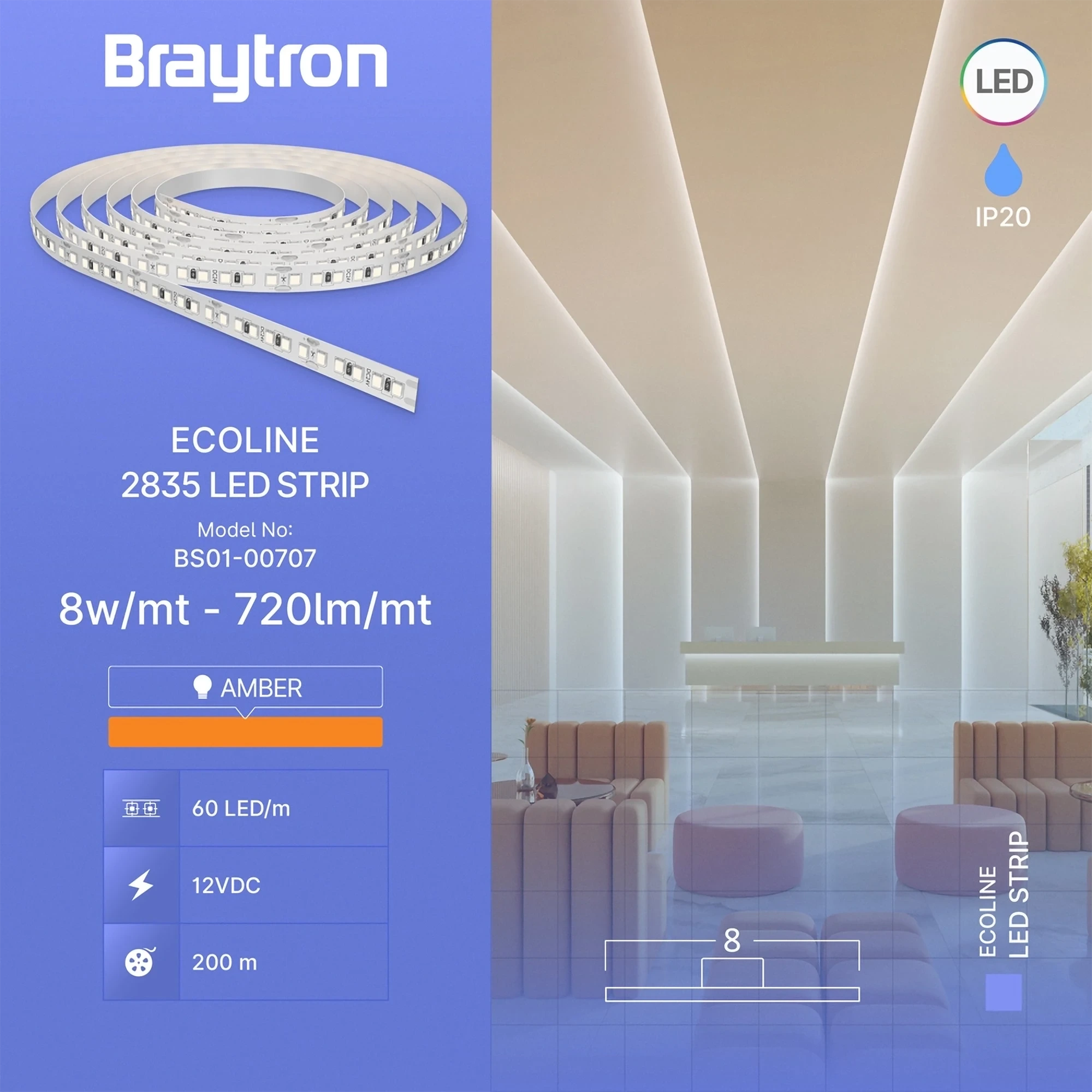 LED TRAKA 8W 60LED 2835 AMBER 12V IP20 5m — slika 3
