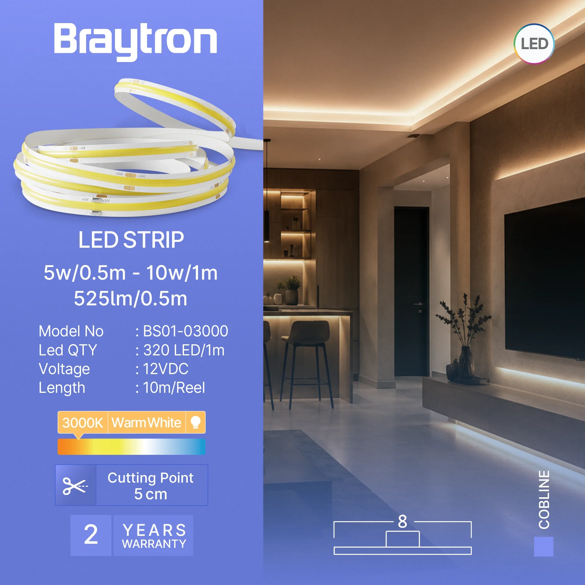 LED COB TRAKA 10W 320D COB 3000K 12V IP20 10m — slika 3