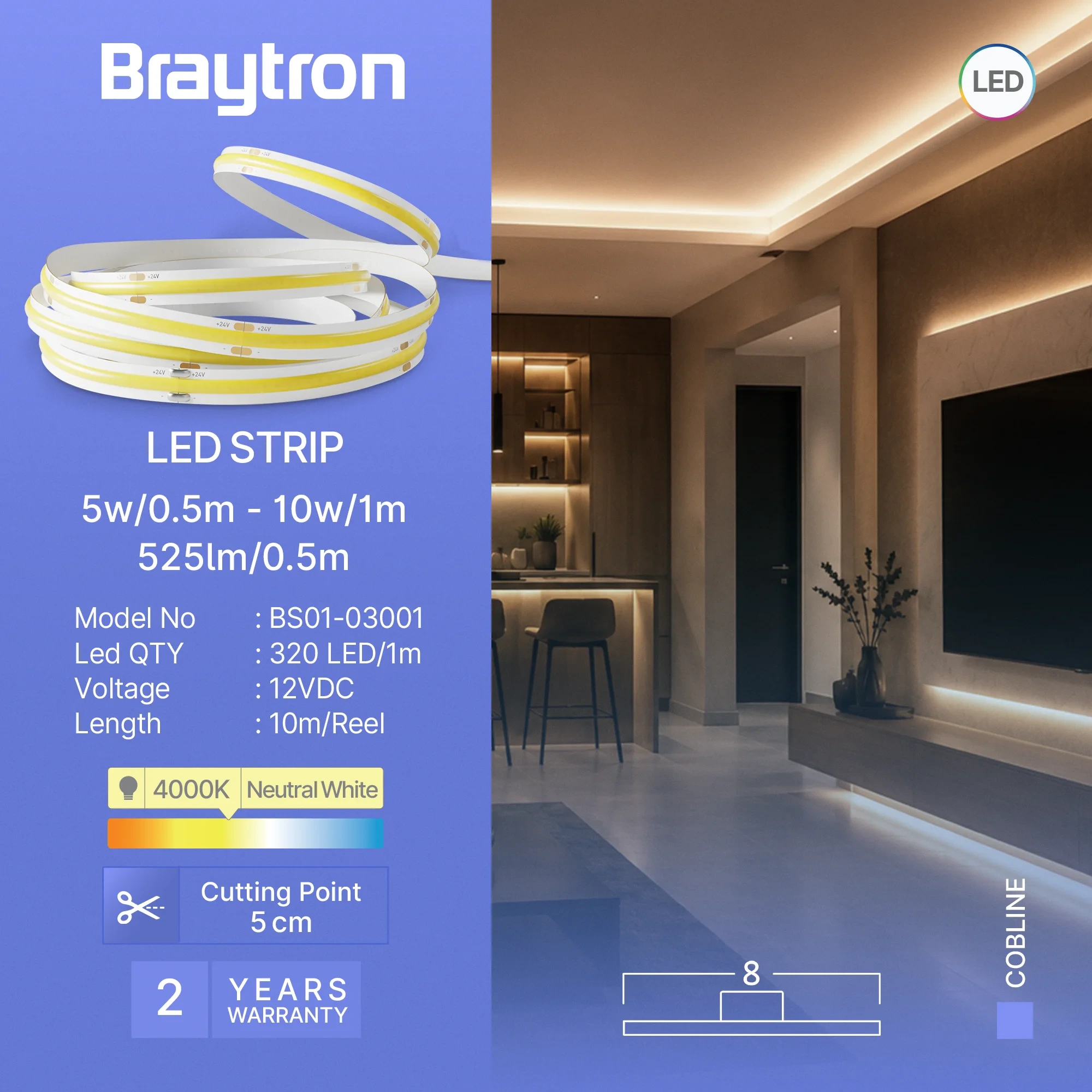 LED COB TRAKA 10W 320D COB 4000K 12V IP20 10m — slika 3