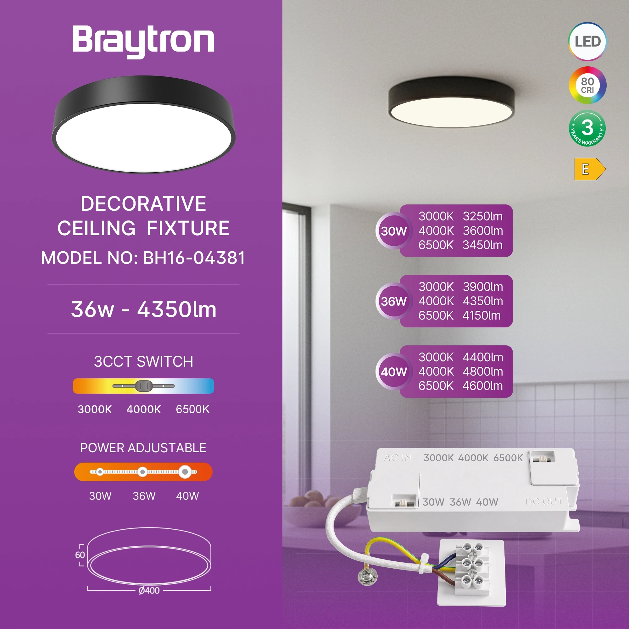 LED PLAFONJERA OKRUGLA 36W CRNI CCT — slika 3