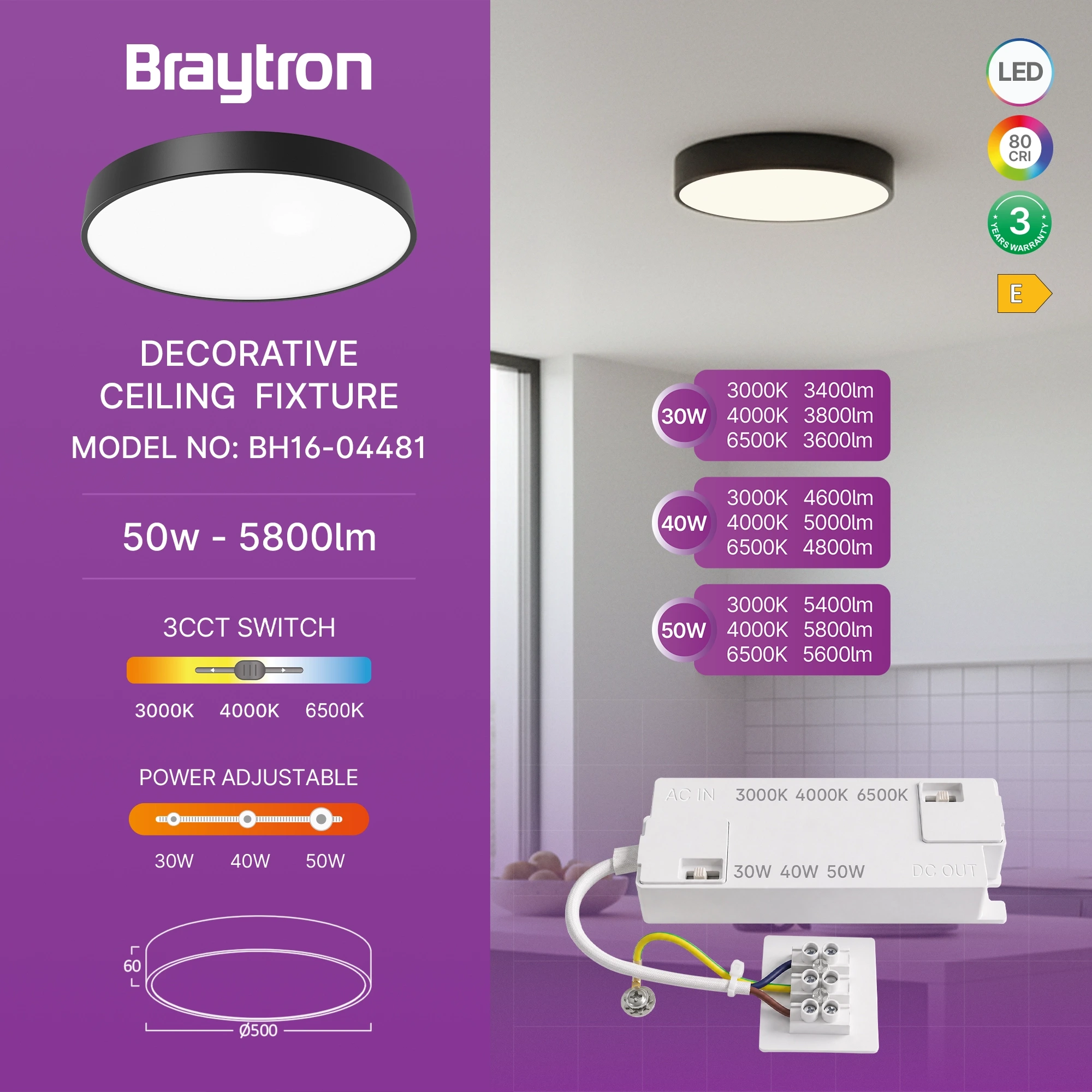 LED PLAFONJERA OKRUGLA 50W CRNI CCT — slika 3