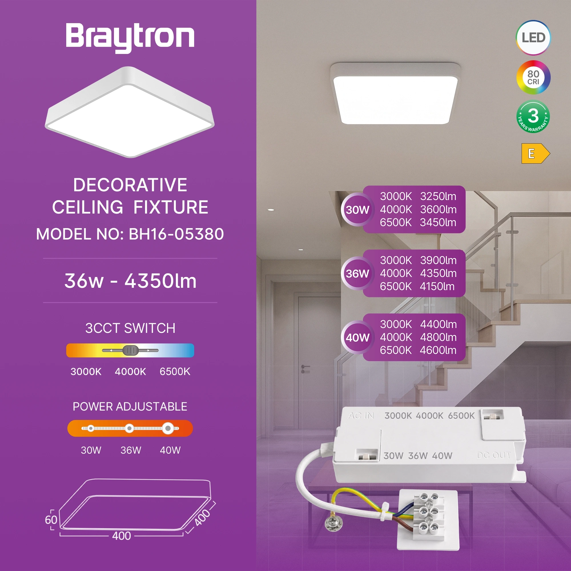 LED PLAFONJERA KVADRATNA 36W BELI CCT — slika 3