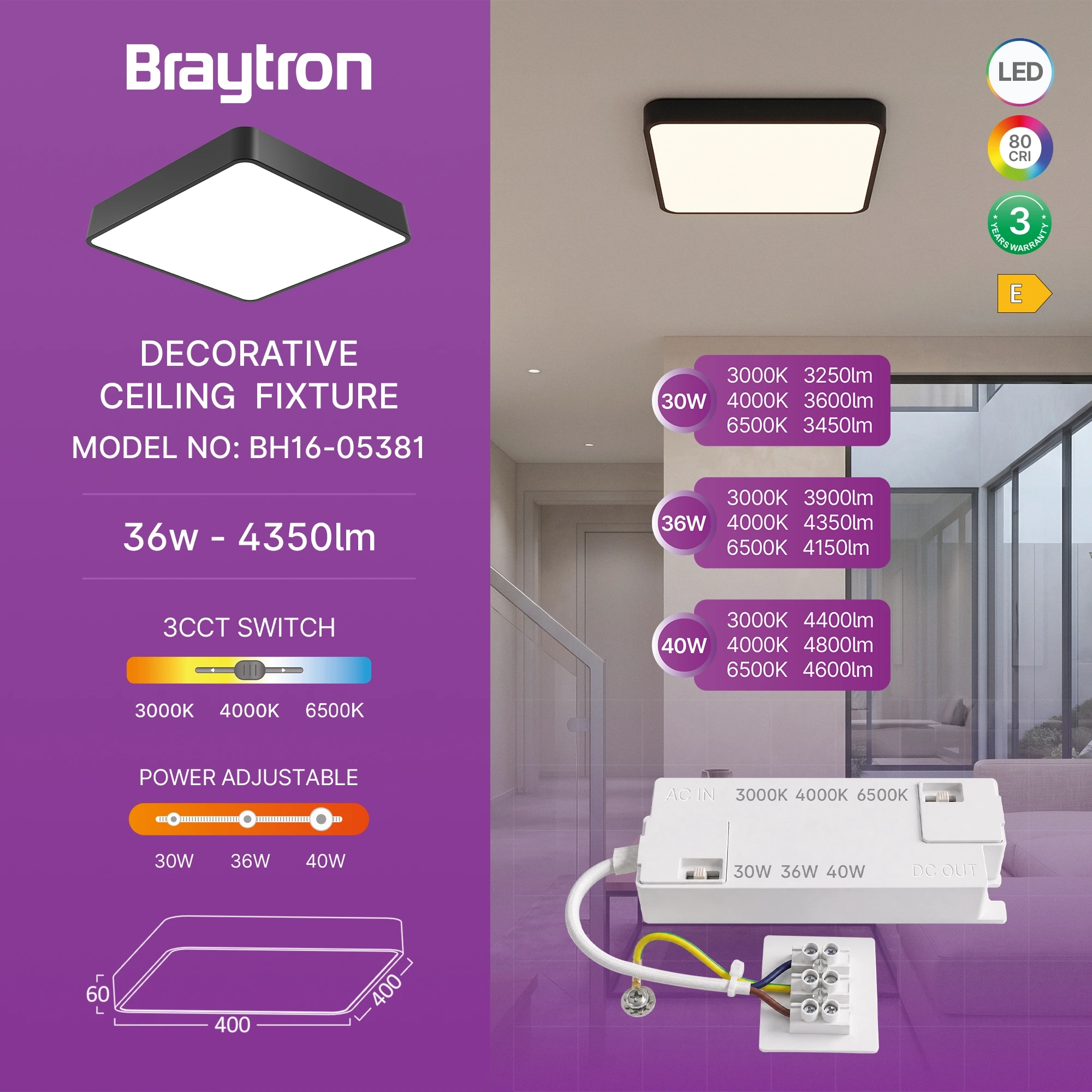 LED PLAFONJERA KVADRATNA 36W CRNI CCT — slika 3
