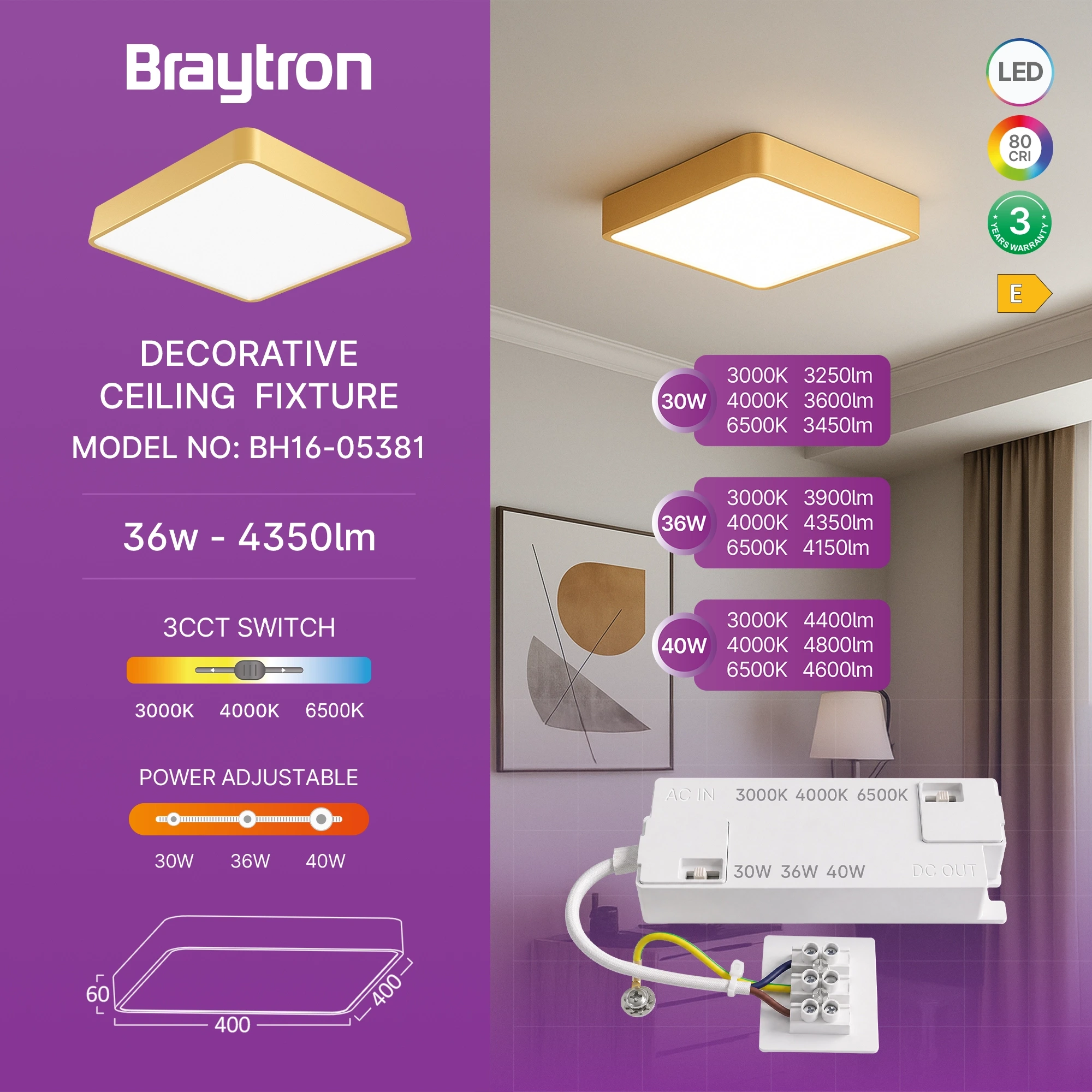 LED PLAFONJERA KVADRATNA 36W ZLATNI CCT — slika 3