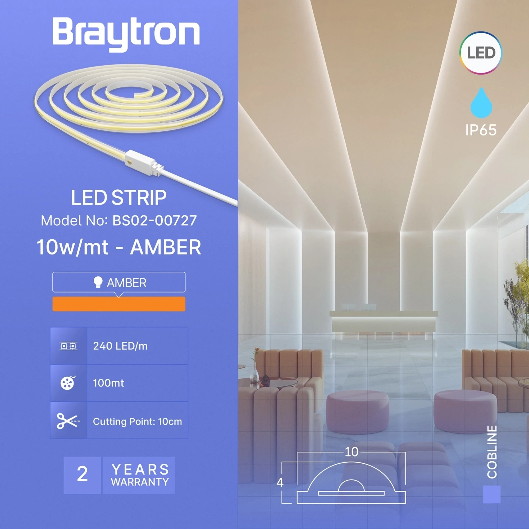 LED COB TRAKA 220V 10W 240LED AMBER IP65 — slika 3