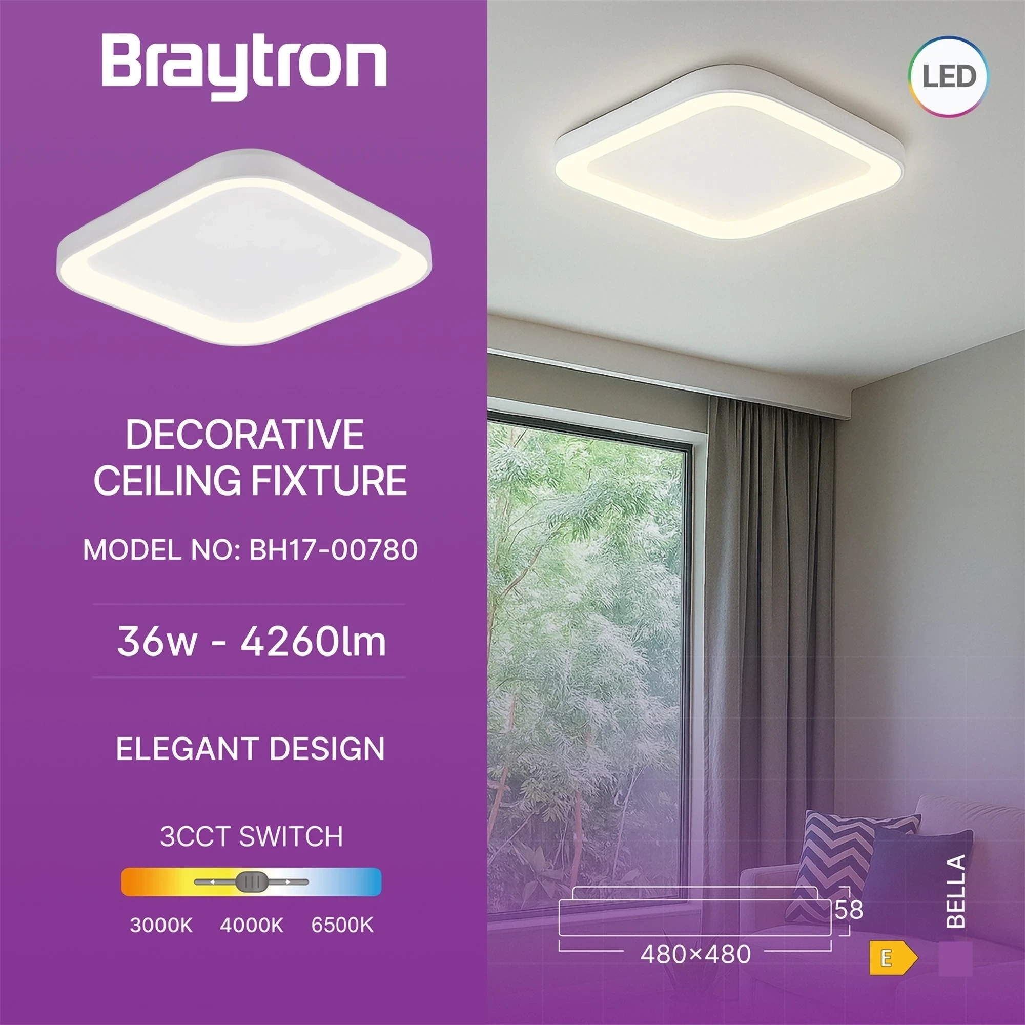 LED PLAFONJERA KVADRATNA 36W BELI CCT IP20 — slika 3