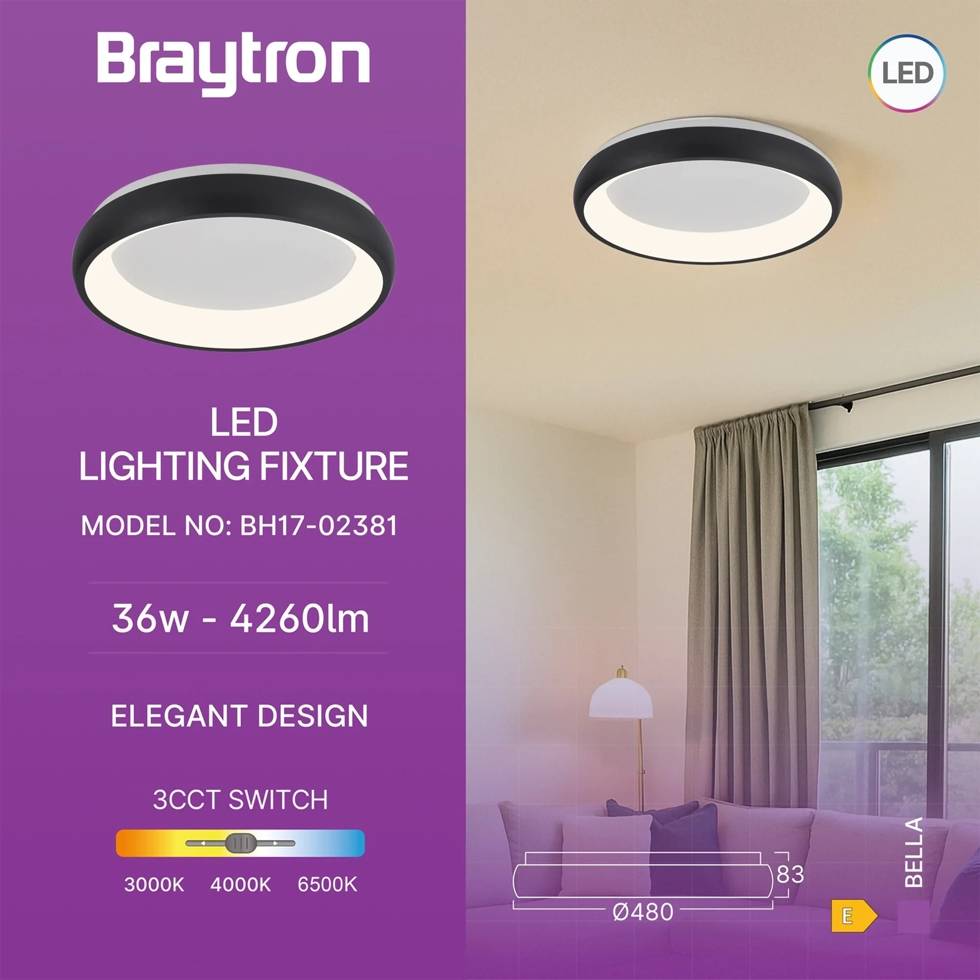 LED PLAFONJERA OKRUGLA 36W CRNI CCT IP20 — slika 3