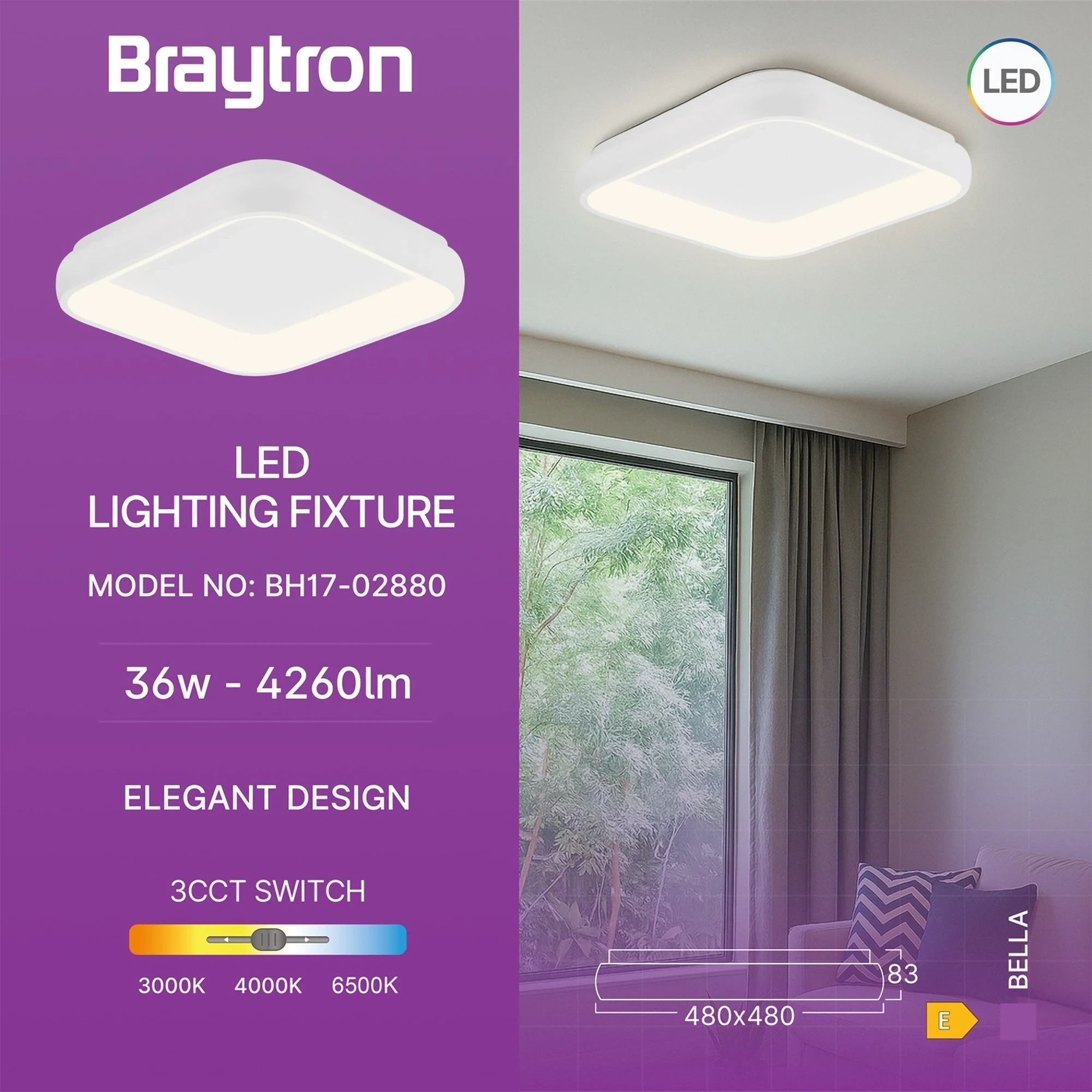 LED PLAFONJERA KVADRATNA 36W BELI CCT IP20 — slika 3