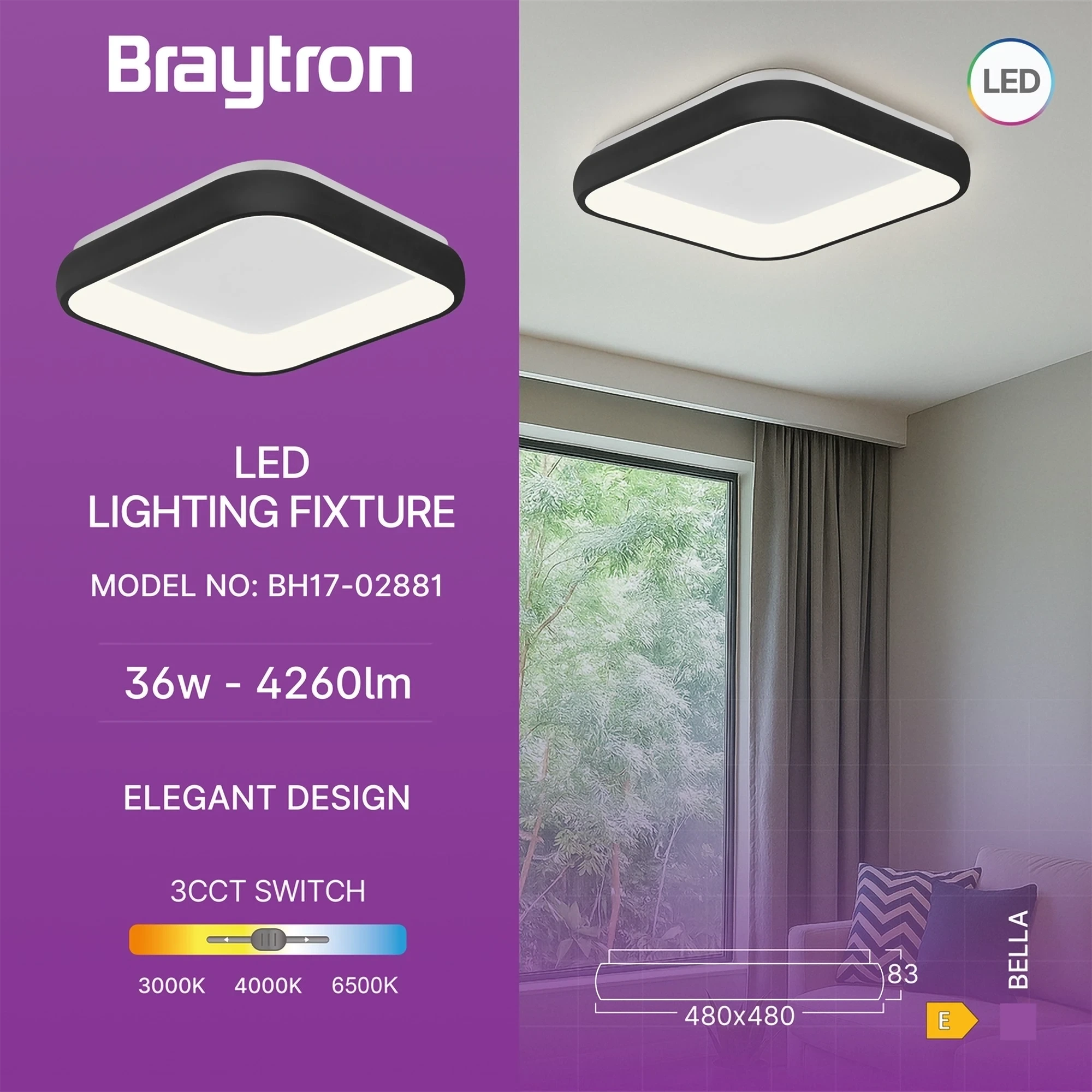 LED PLAFONJERA KVADRATNA 36W CRNI CCT IP20 — slika 3