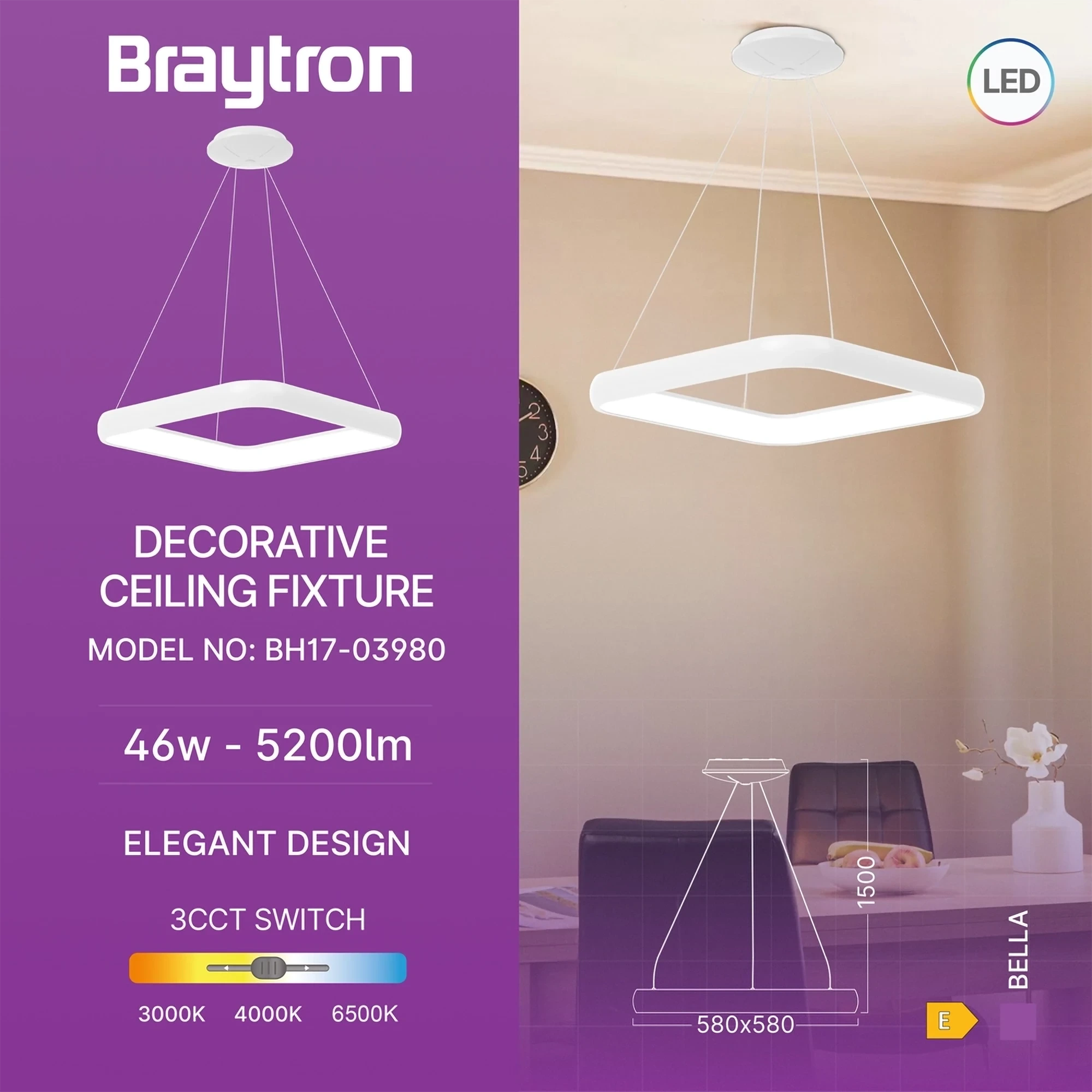 LED VISILICA KVADRATNA 46W BELI CCT IP20 — slika 3