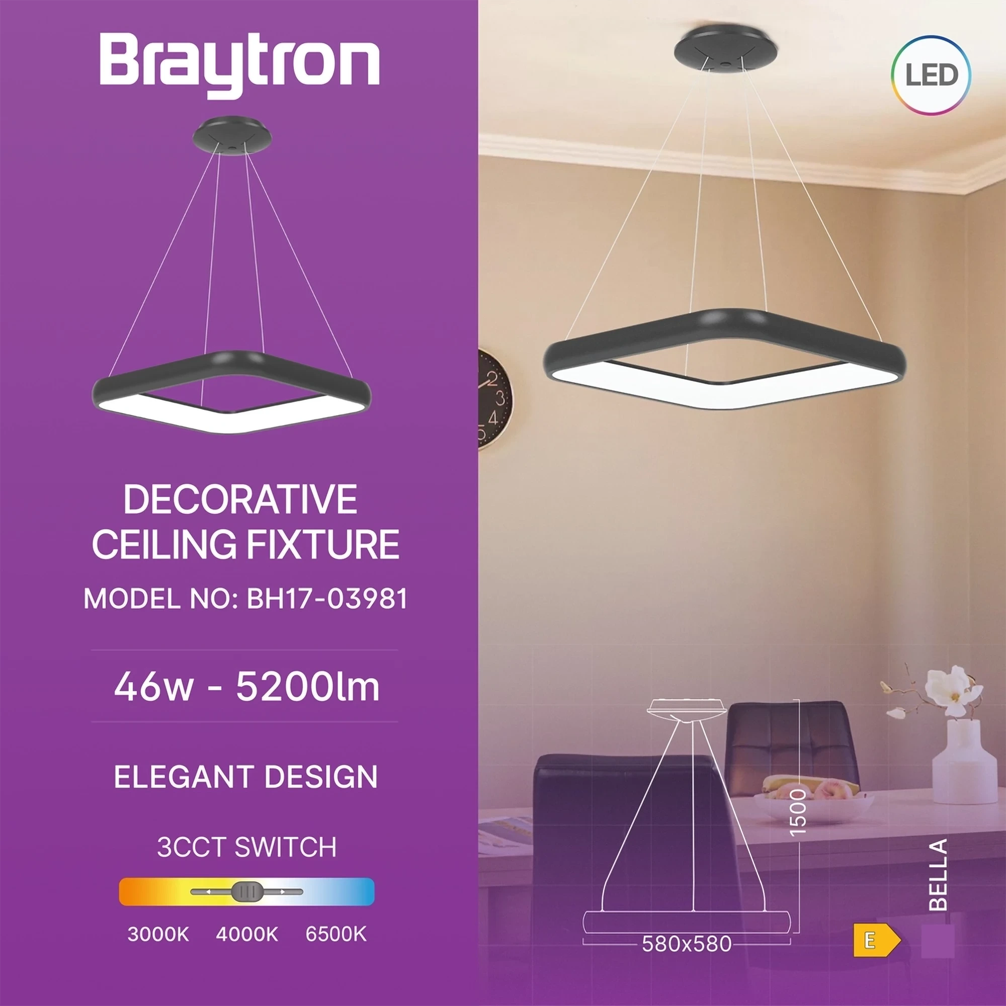LED VISILICA KVADRATNA 46W CRNI CCT IP20 — slika 3