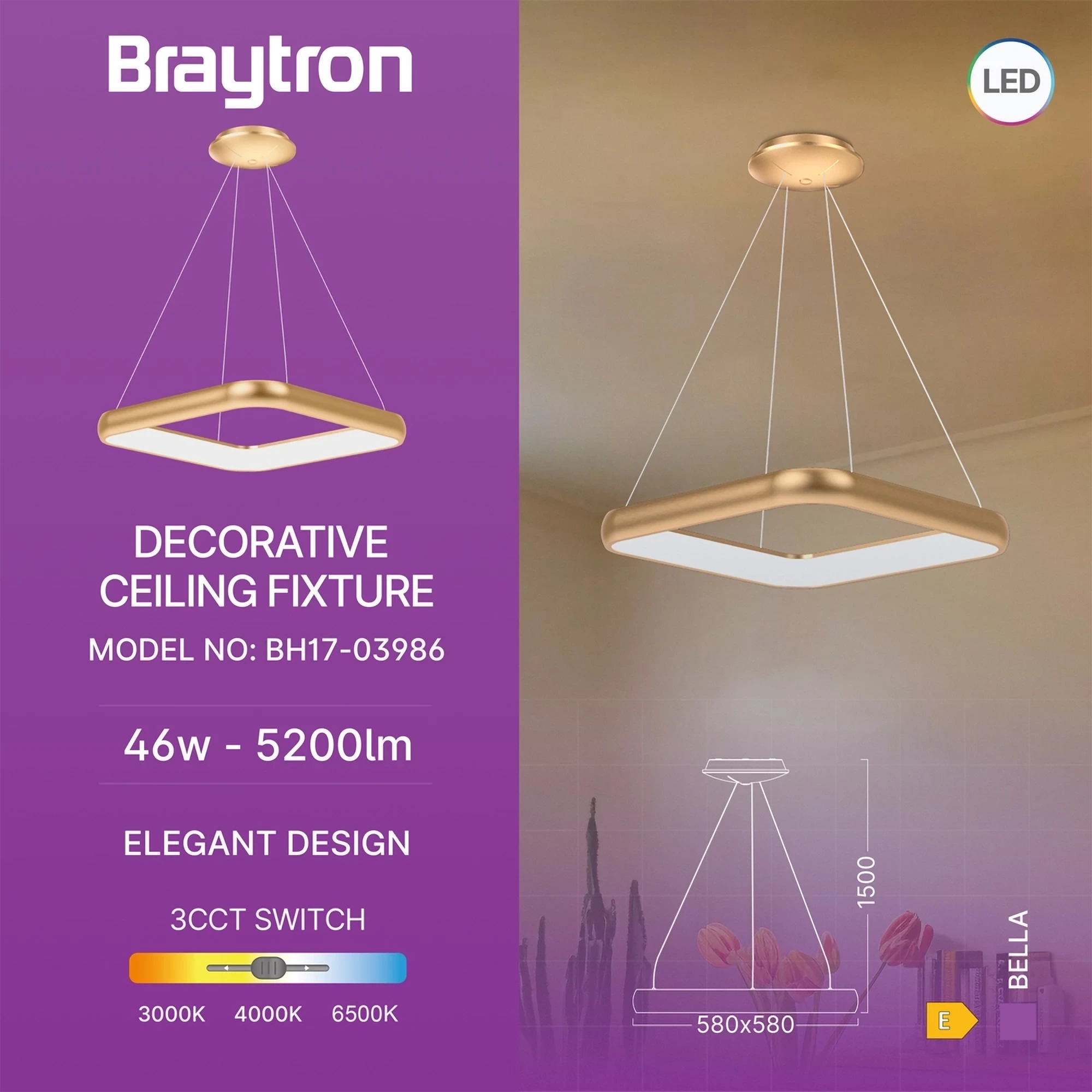 LED VISILICA KVADRATNA 46W ZLATNI CCT IP20 — slika 3