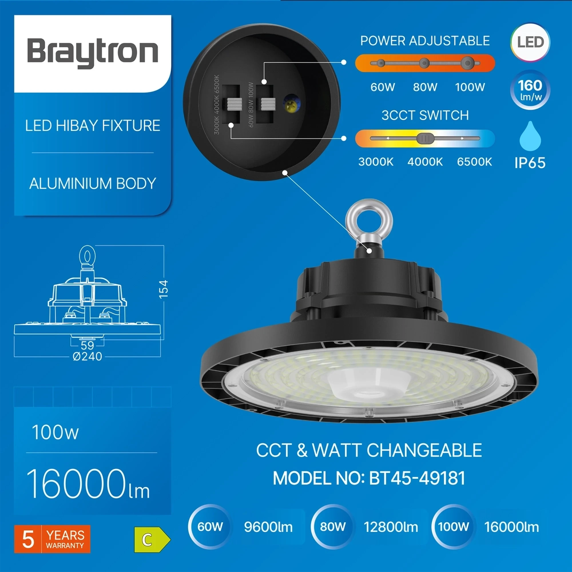 LED INDUSTRIJSKO ZVONO 100W CRNI CCT IP65 — slika 3