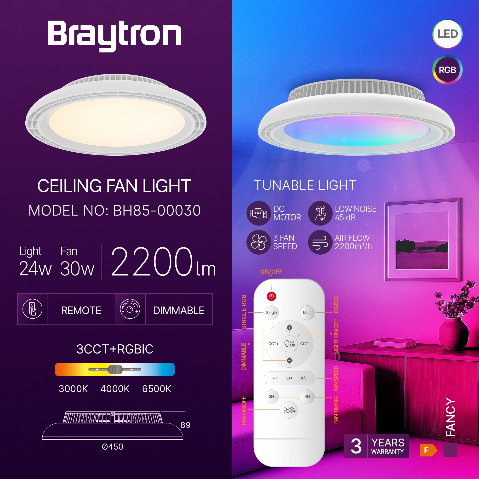 LED PLAFONSKI VENTILATOR 24+30W BELI CCT IP20 — slika 3