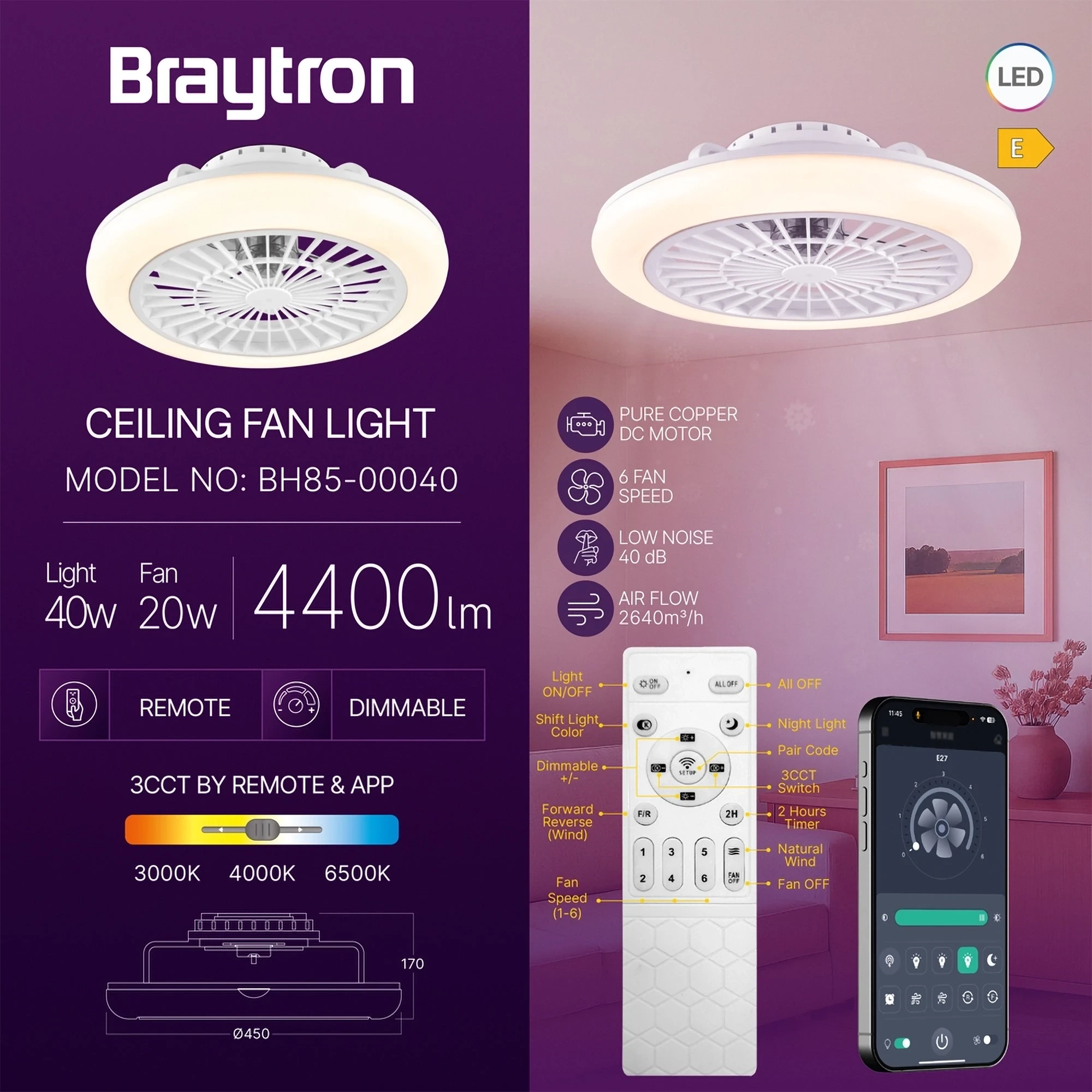 LED PLAFONSKI VENTILATOR D450 40+20W BELI CCT IP20 — slika 3