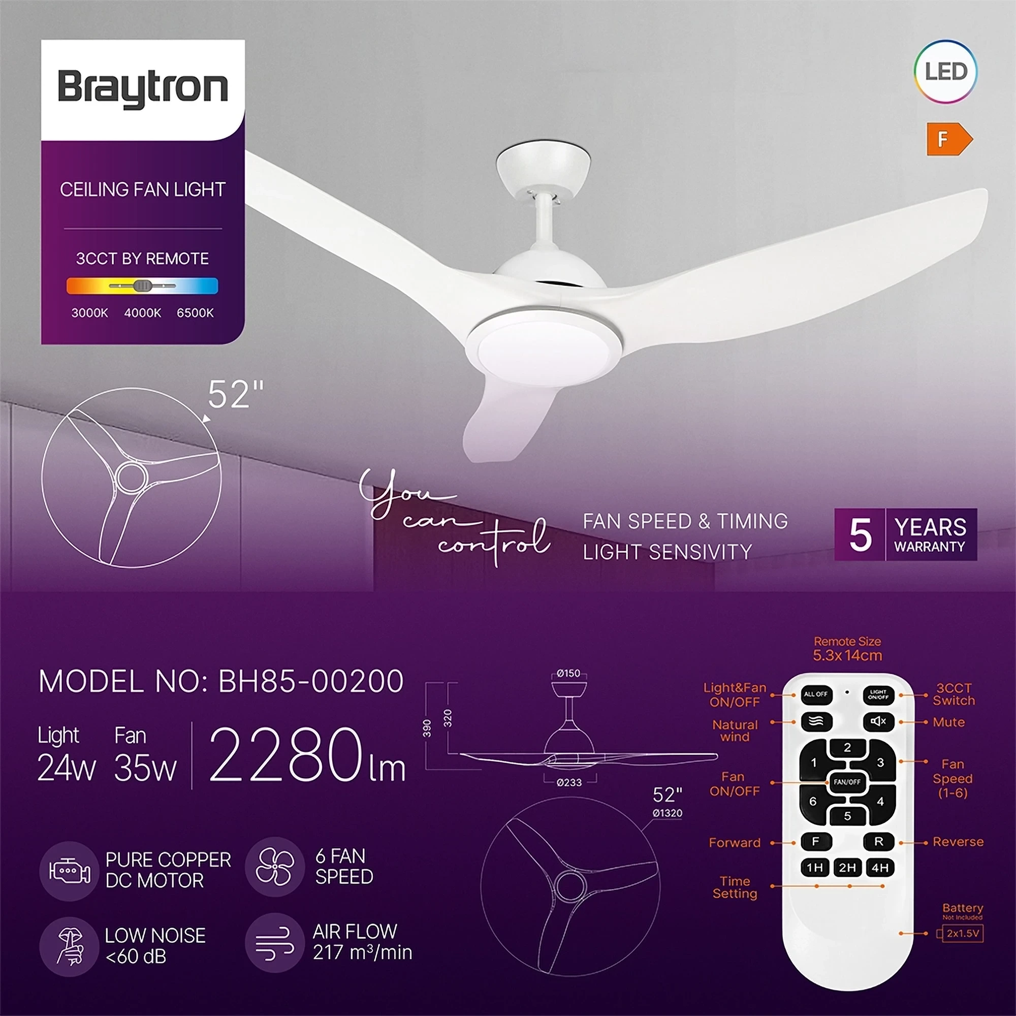 LED PLAFONSKI VENTILATOR 24+35W BELI CCT IP20 — slika 3