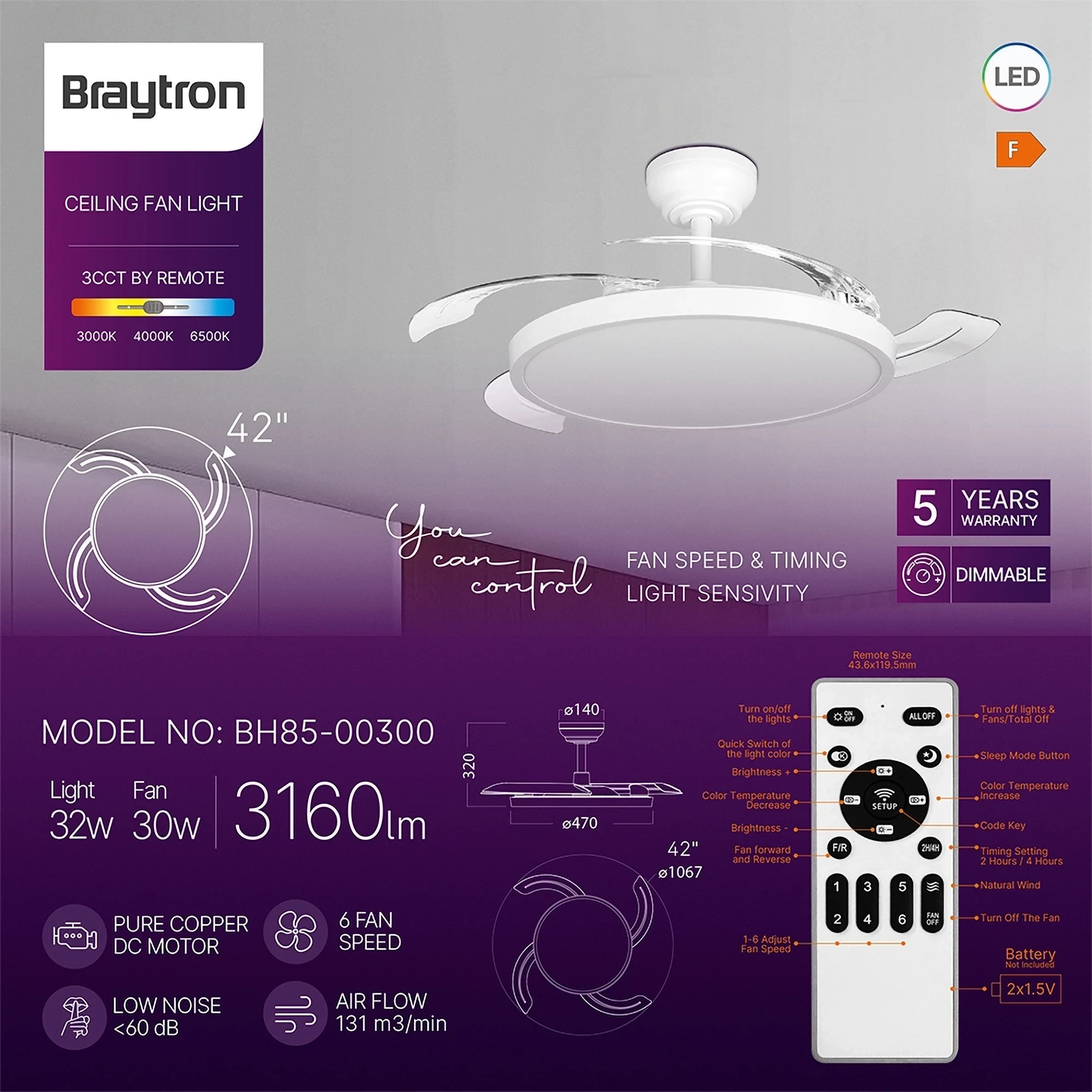 LED PLAFONSKI VENTILATOR 42+30W BELI CCT IP20 — slika 3