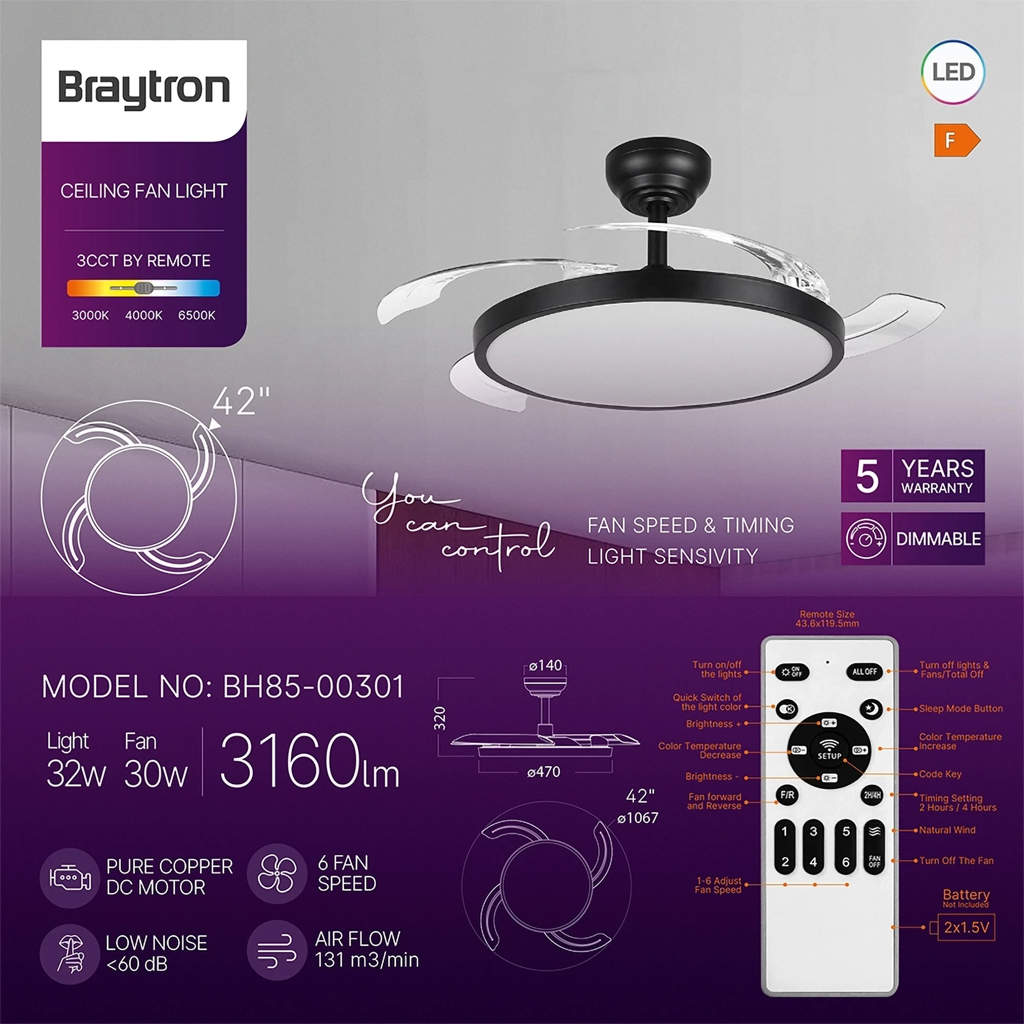 LED PLAFONSKI VENTILATOR 42+30W CRNI CCT IP20 — slika 3