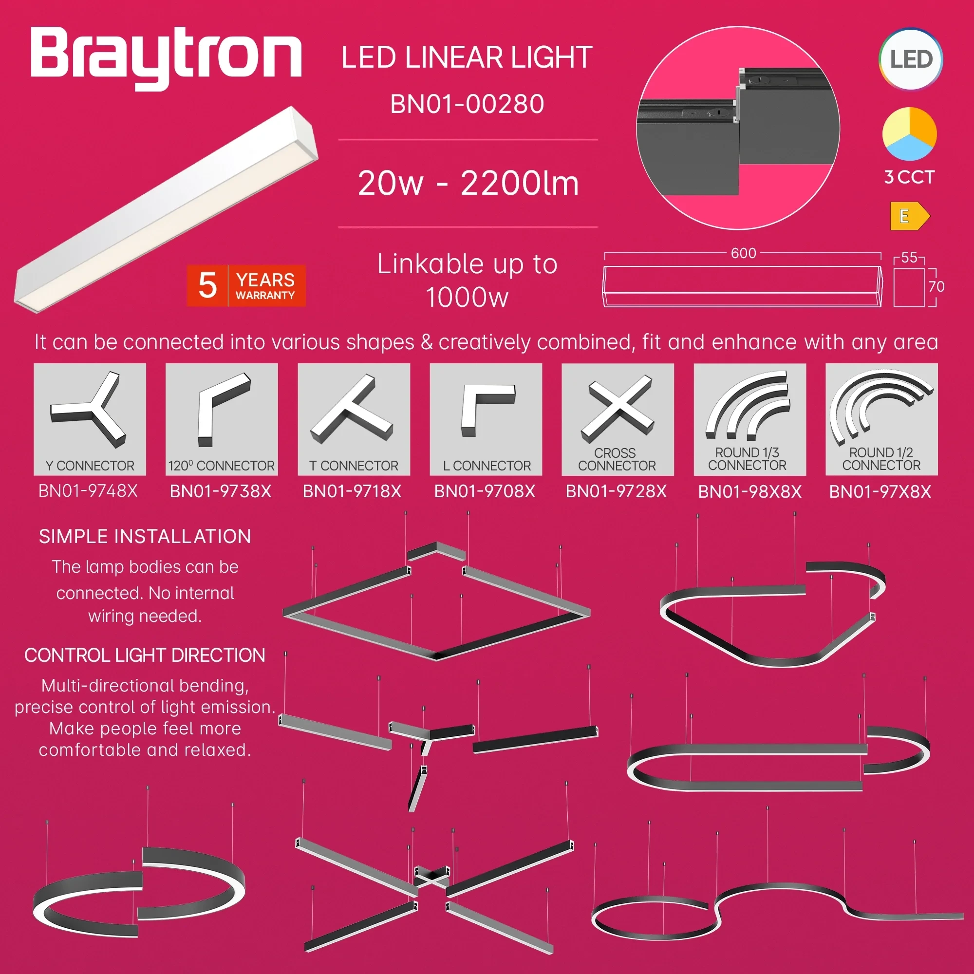 LED LINEARNA SVETILJKA 0.6M 18W BELI CCT IP20 — slika 3