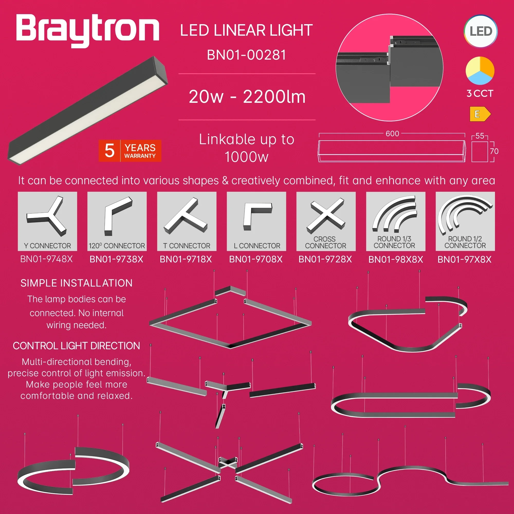 LED LINEARNA SVETILJKA 0.6M 18W CRNI CCT IP20 — slika 3
