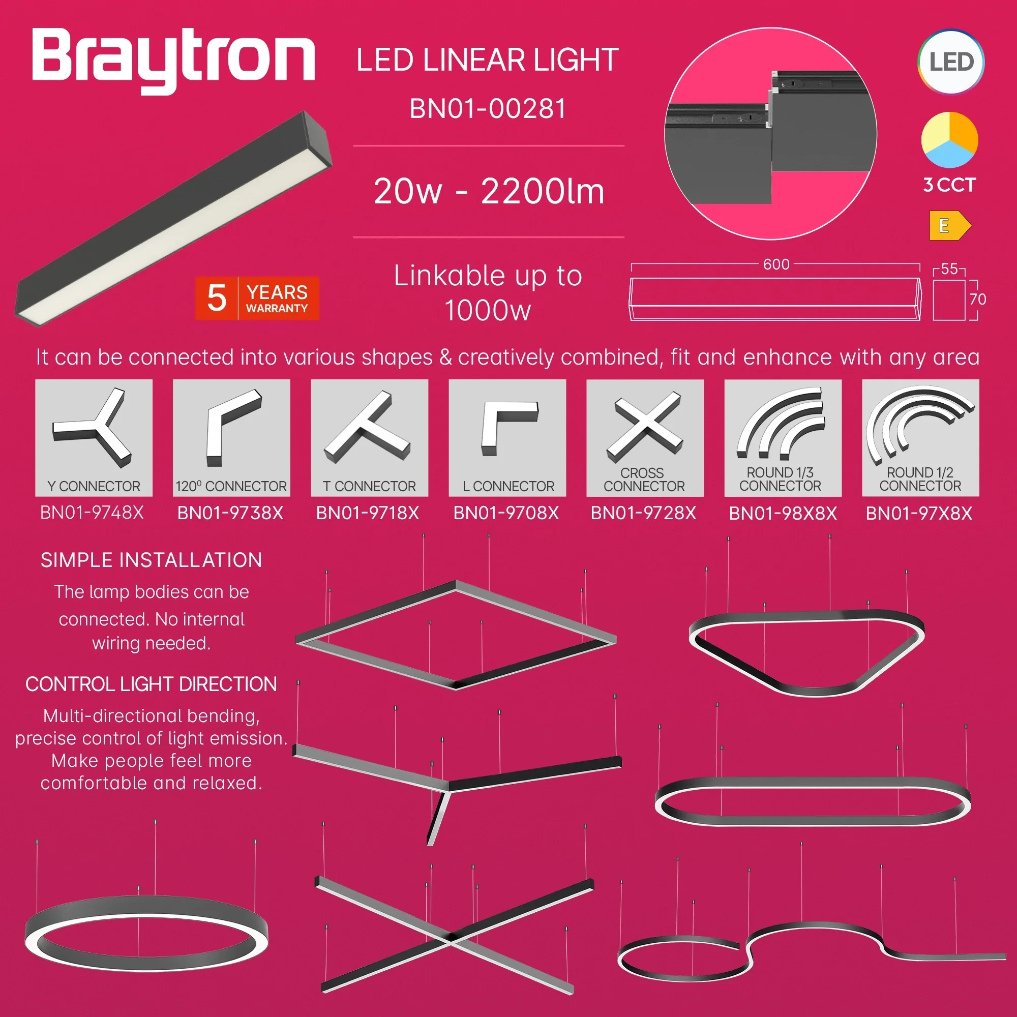 LED LINEARNA SVETILJKA 0.6M 18W CRNI CCT IP20 — slika 4