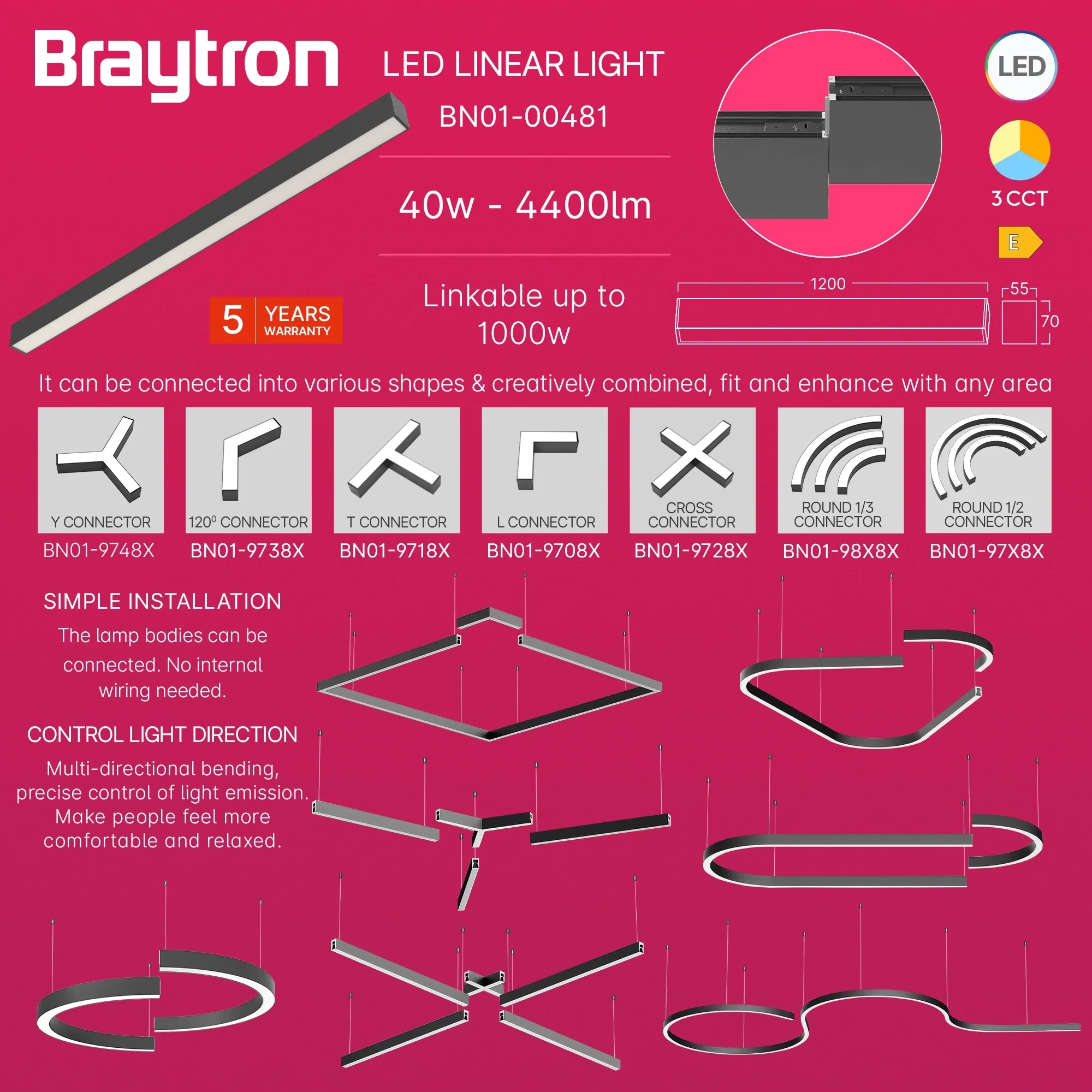 LED LINEARNA SVETILJKA 1.2M 36W CRNI CCT IP20 — slika 3
