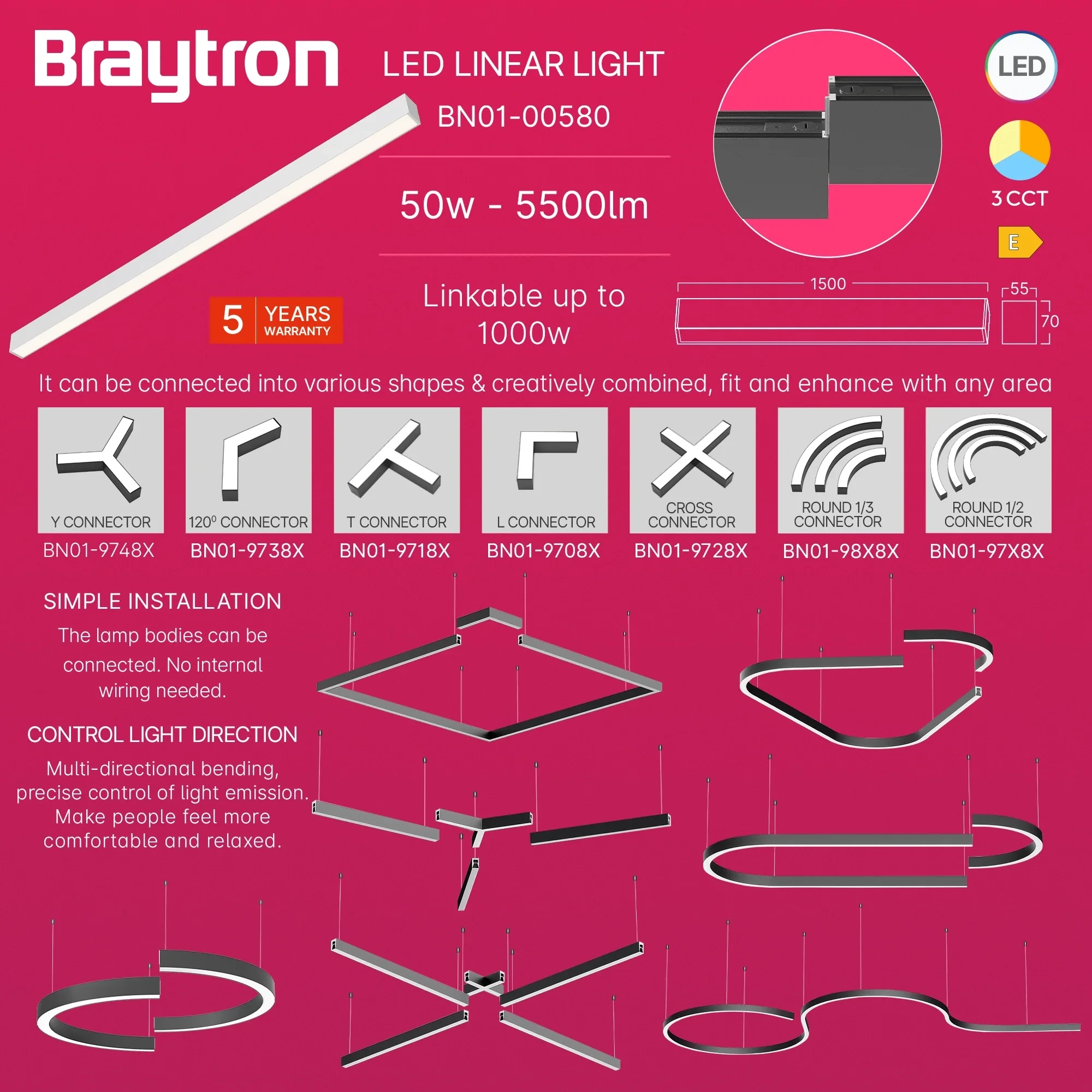 LED LINEARNA SVETILJKA 1.5M 45W BELI CCT IP20 — slika 3