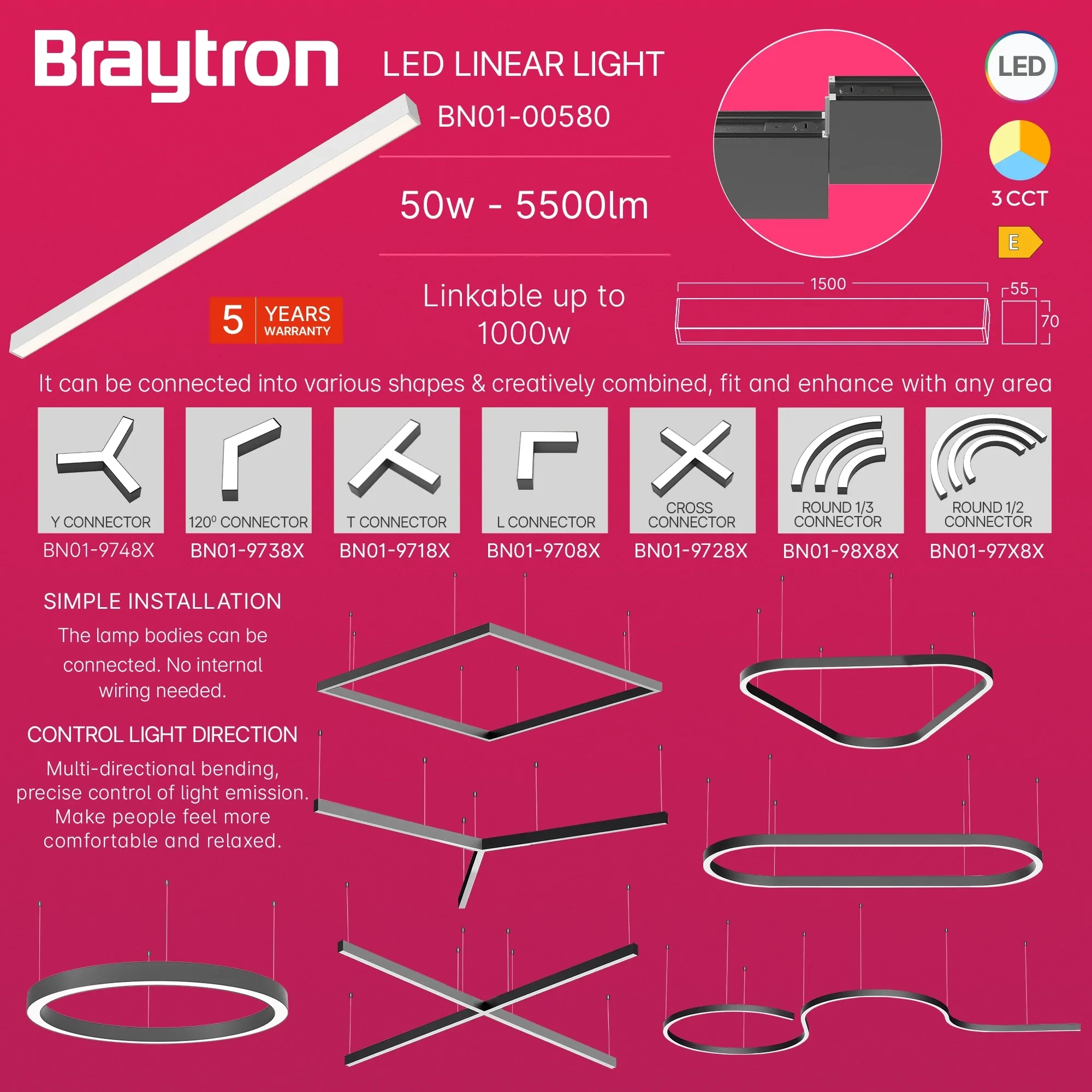 LED LINEARNA SVETILJKA 1.5M 45W BELI CCT IP20 — slika 4