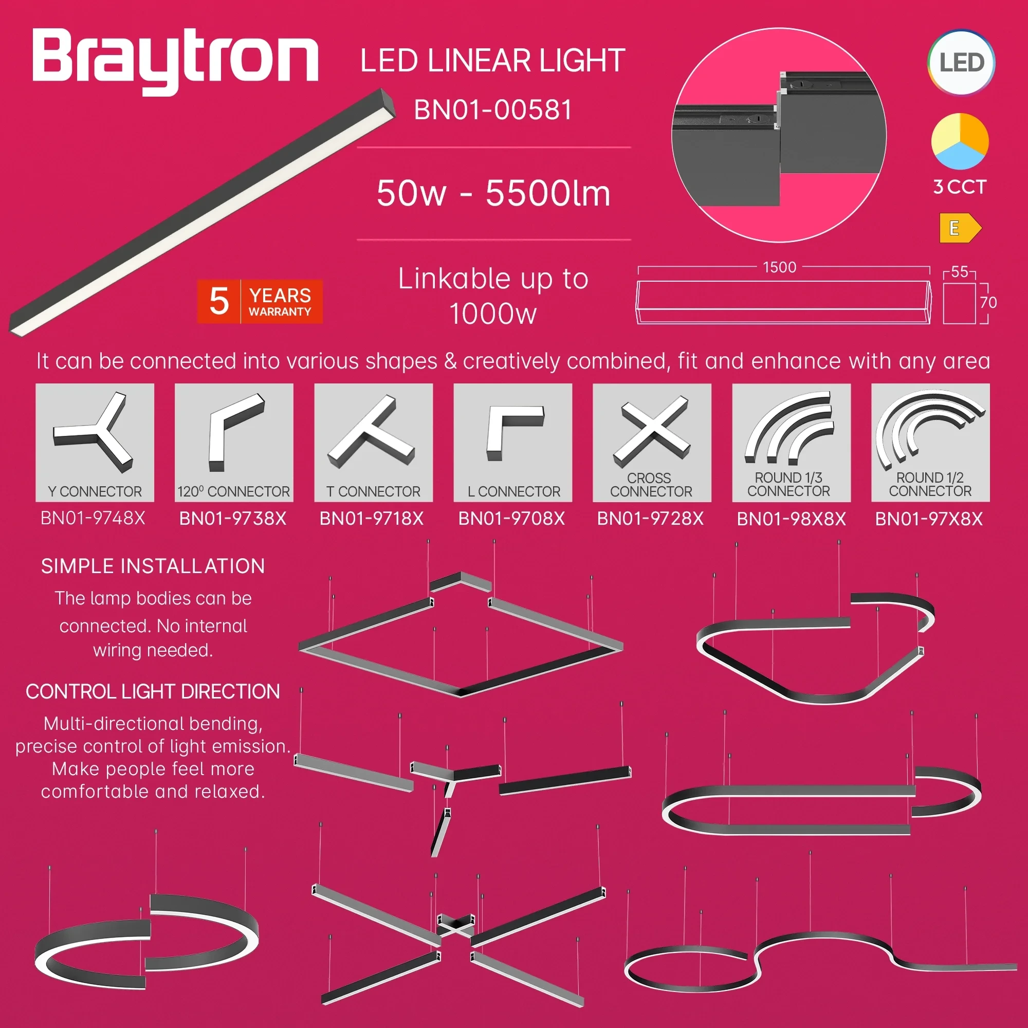 LED LINEARNA SVETILJKA 1.5M 45W CRNI CCT IP20 — slika 3