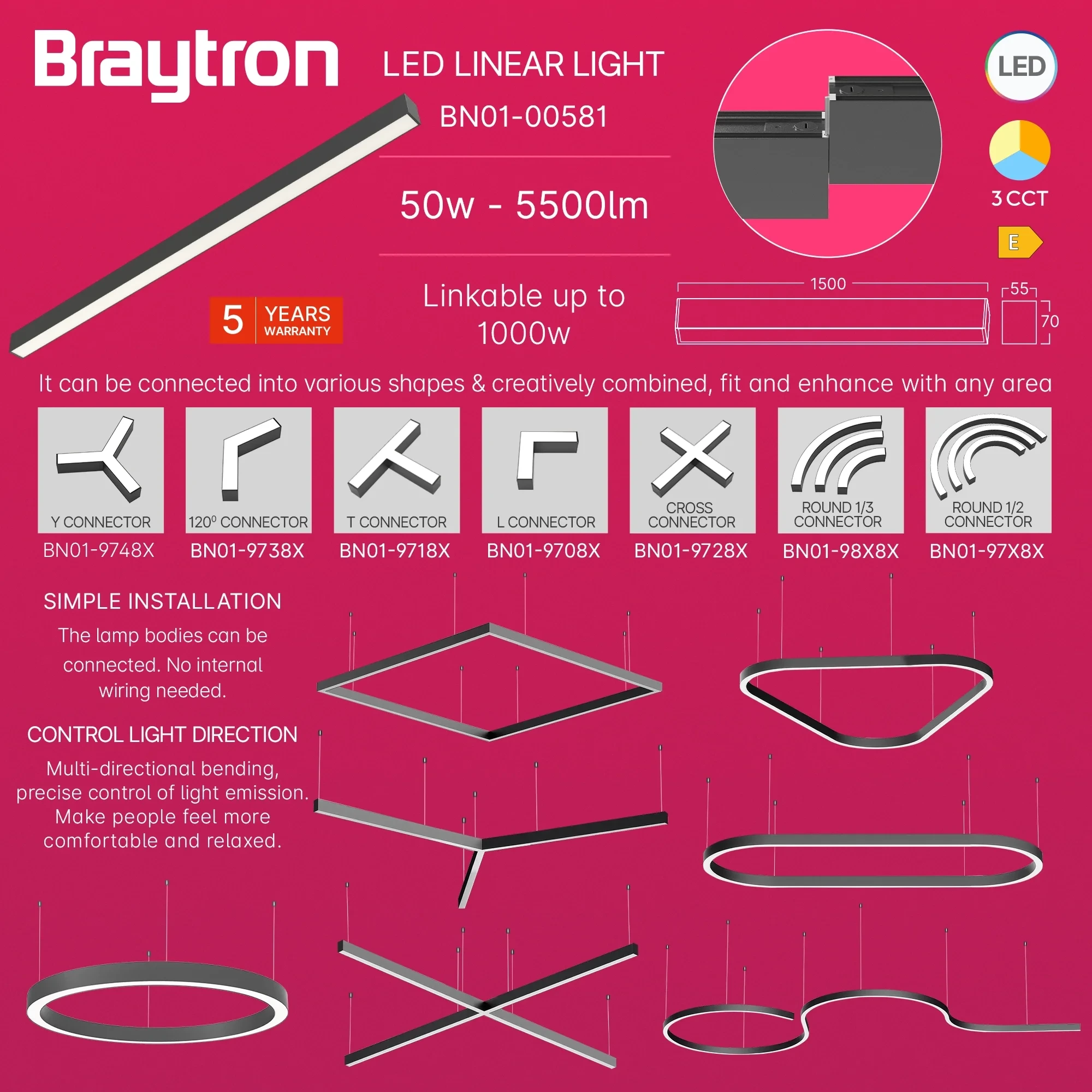 LED LINEARNA SVETILJKA 1.5M 45W CRNI CCT IP20 — slika 4
