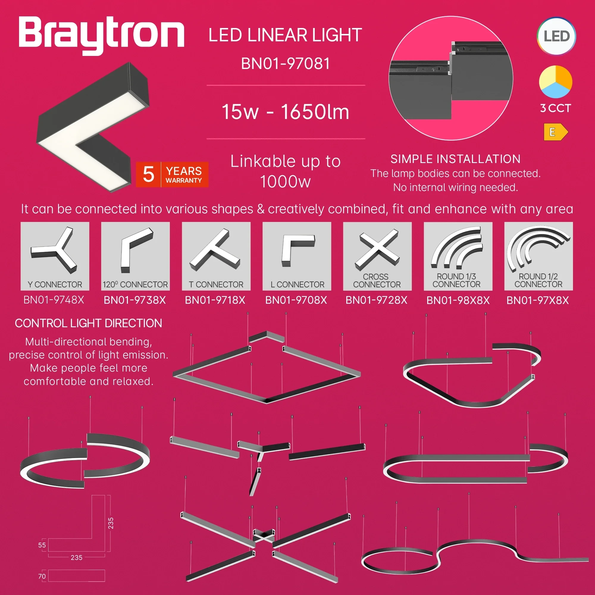 LED LINEARNA SVETILJKA L-OBLIK 12W CRNI CCT IP20 — slika 3