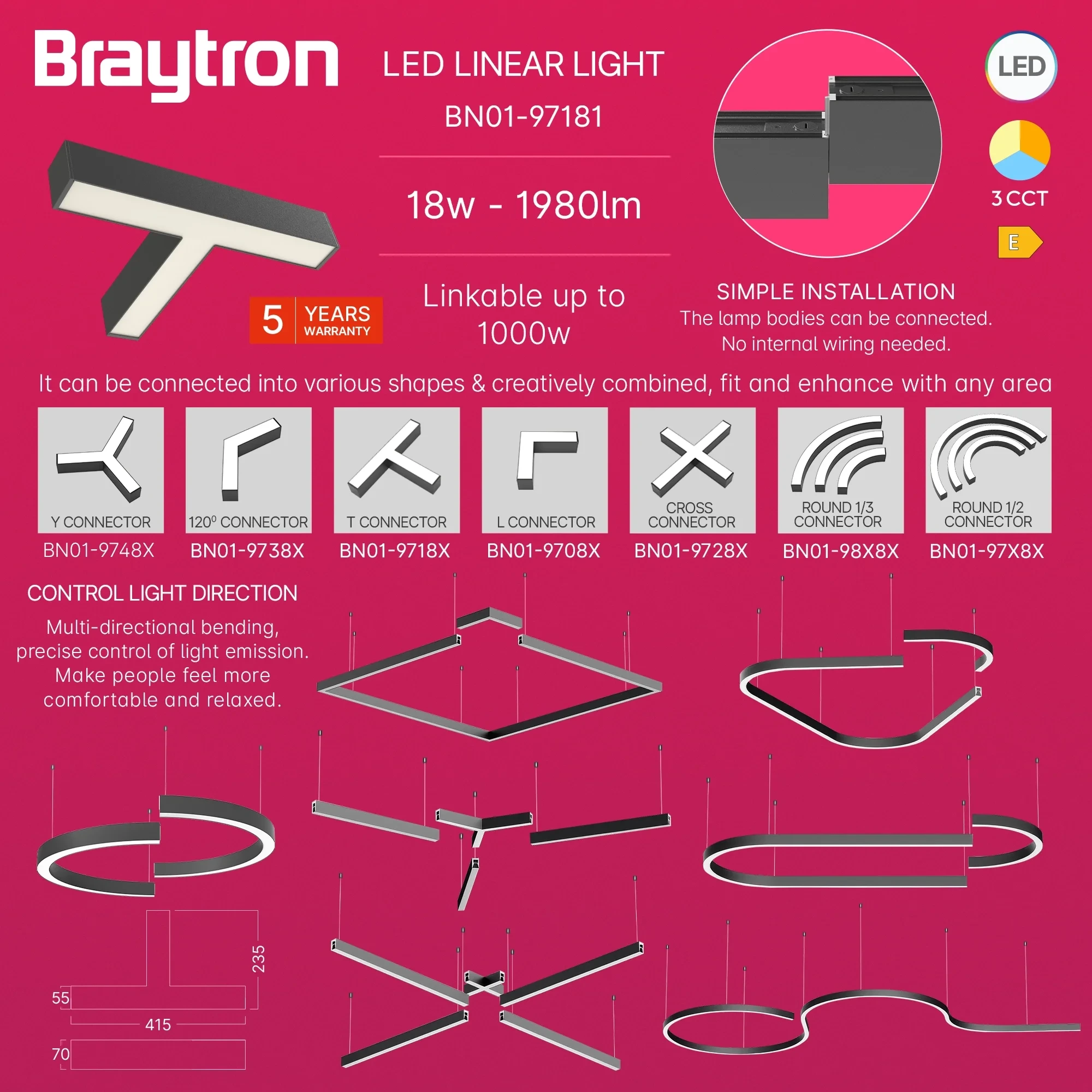 LED LINEARNA SVETILJKA T-OBLIK 10W CRNI CCT IP20 — slika 3