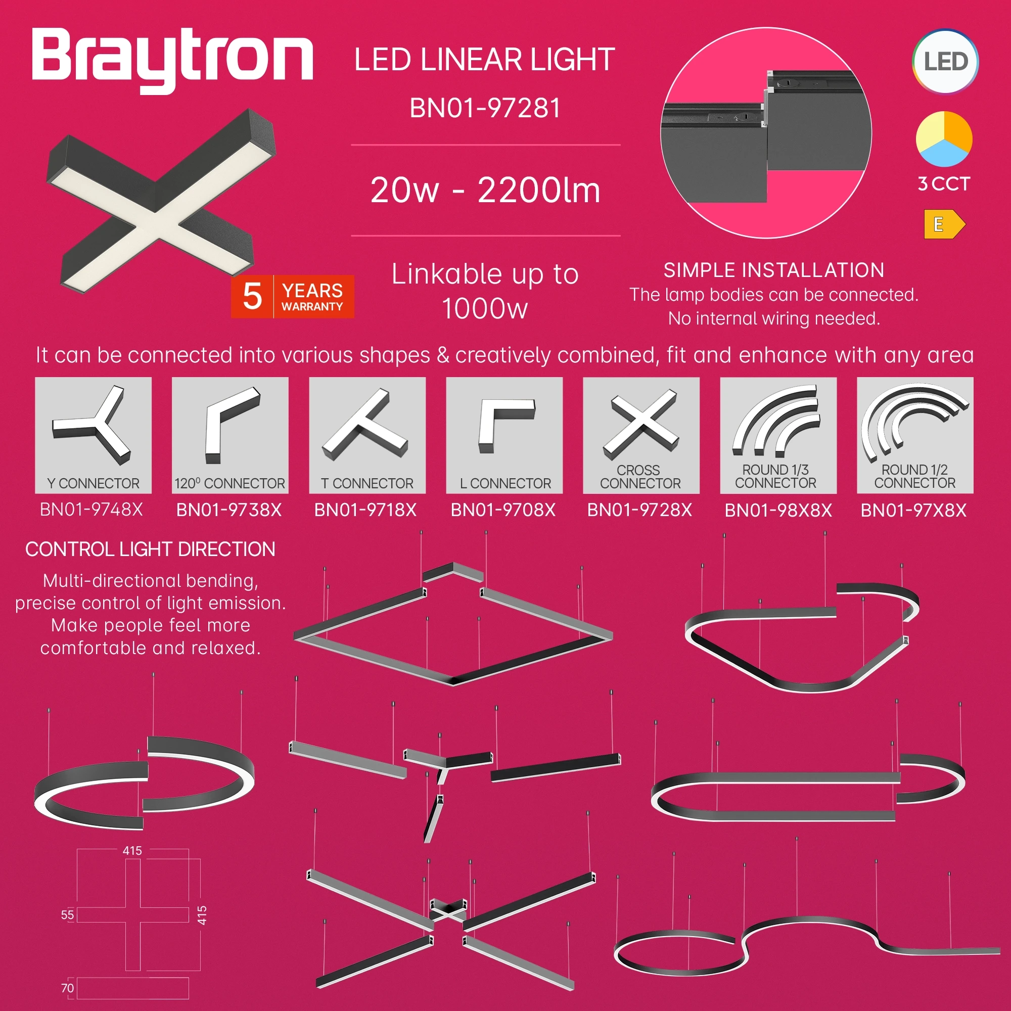 LED LINEARNA SVETILJKA KRSTASTI OBLIK 12W CRNI CCT IP20 — slika 3