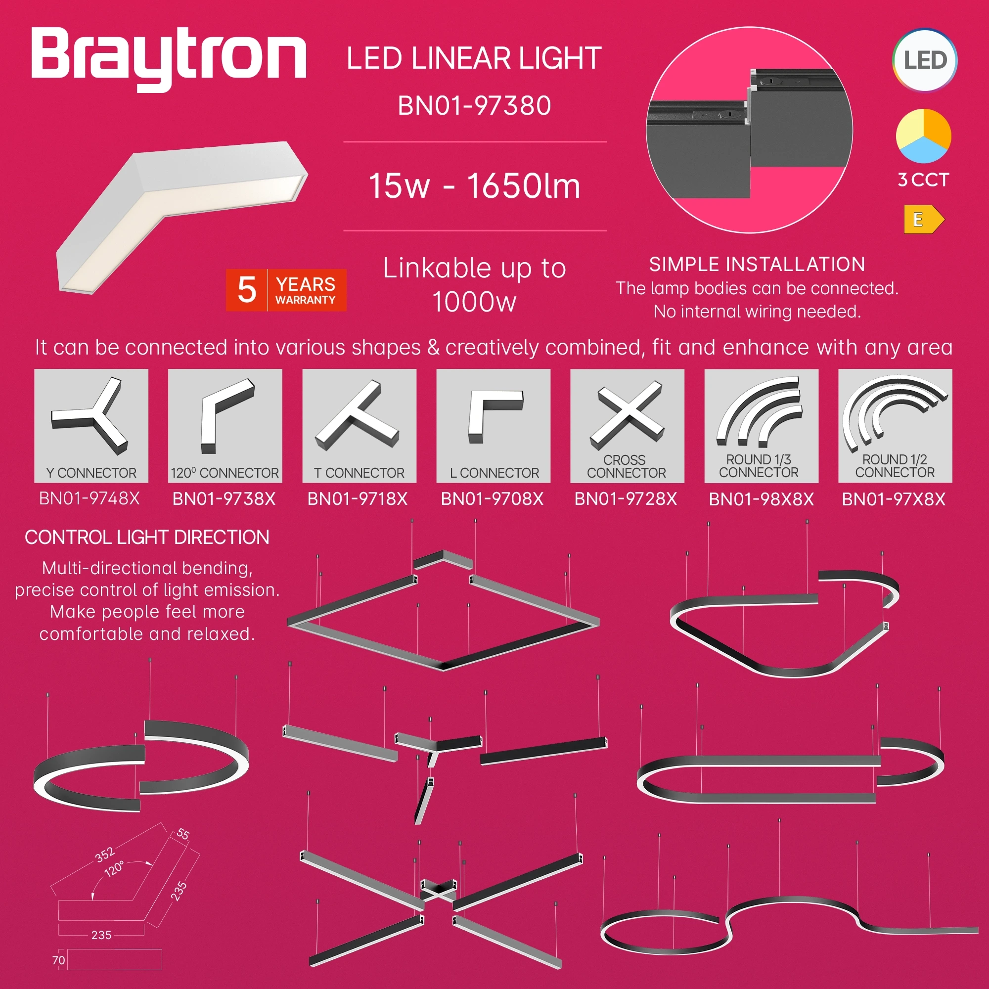 LED LINEARNA SVETILJKA L-OBLIK 13W BELI CCT IP20 — slika 3