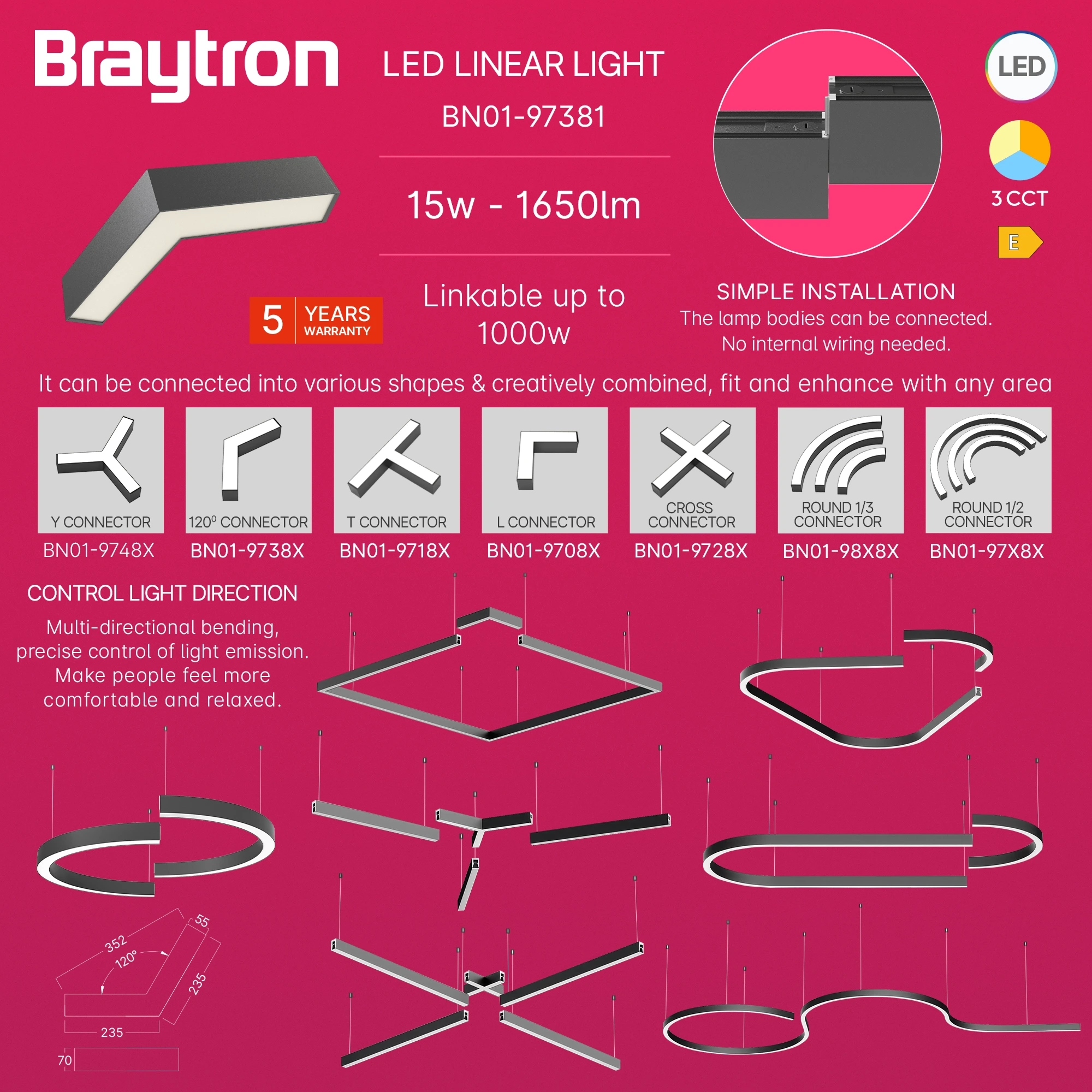 LED LINEARNA SVETILJKA L-OBLIK 13W CRNI CCT IP20 — slika 3