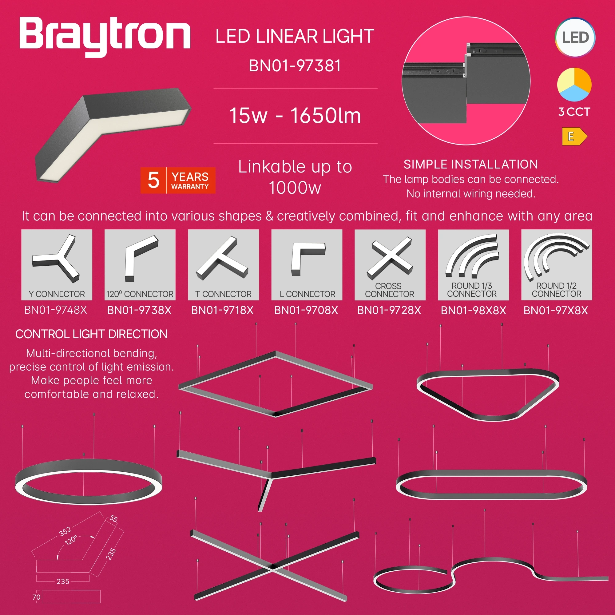 LED LINEARNA SVETILJKA L-OBLIK 13W CRNI CCT IP20 — slika 4
