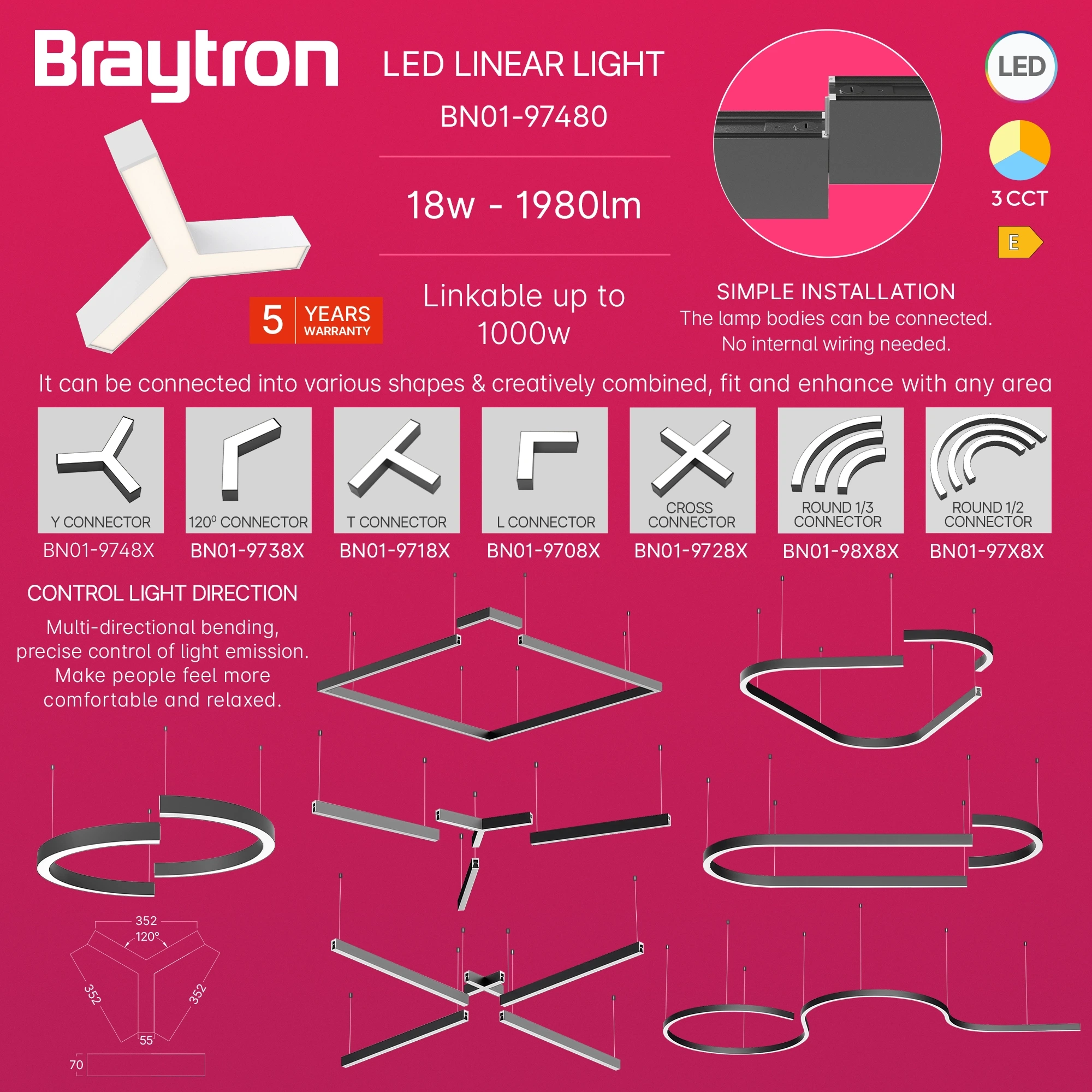 LED LINEARNA SVETILJKA Y-OBLIK 13W BELI CCT IP20 — slika 3
