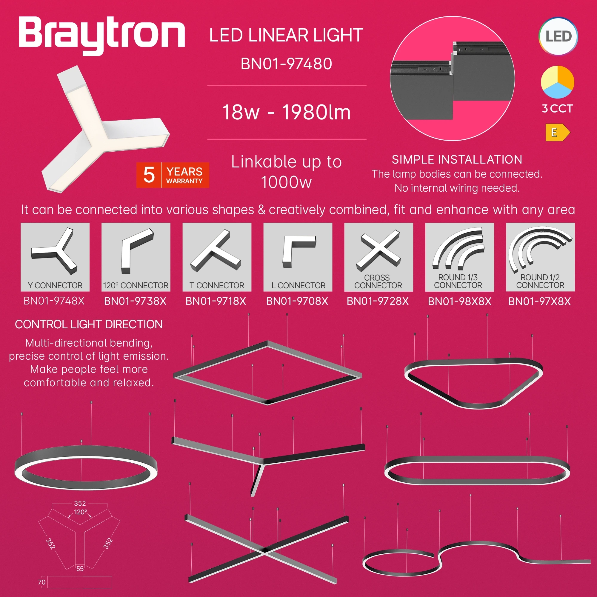 LED LINEARNA SVETILJKA Y-OBLIK 13W BELI CCT IP20 — slika 4