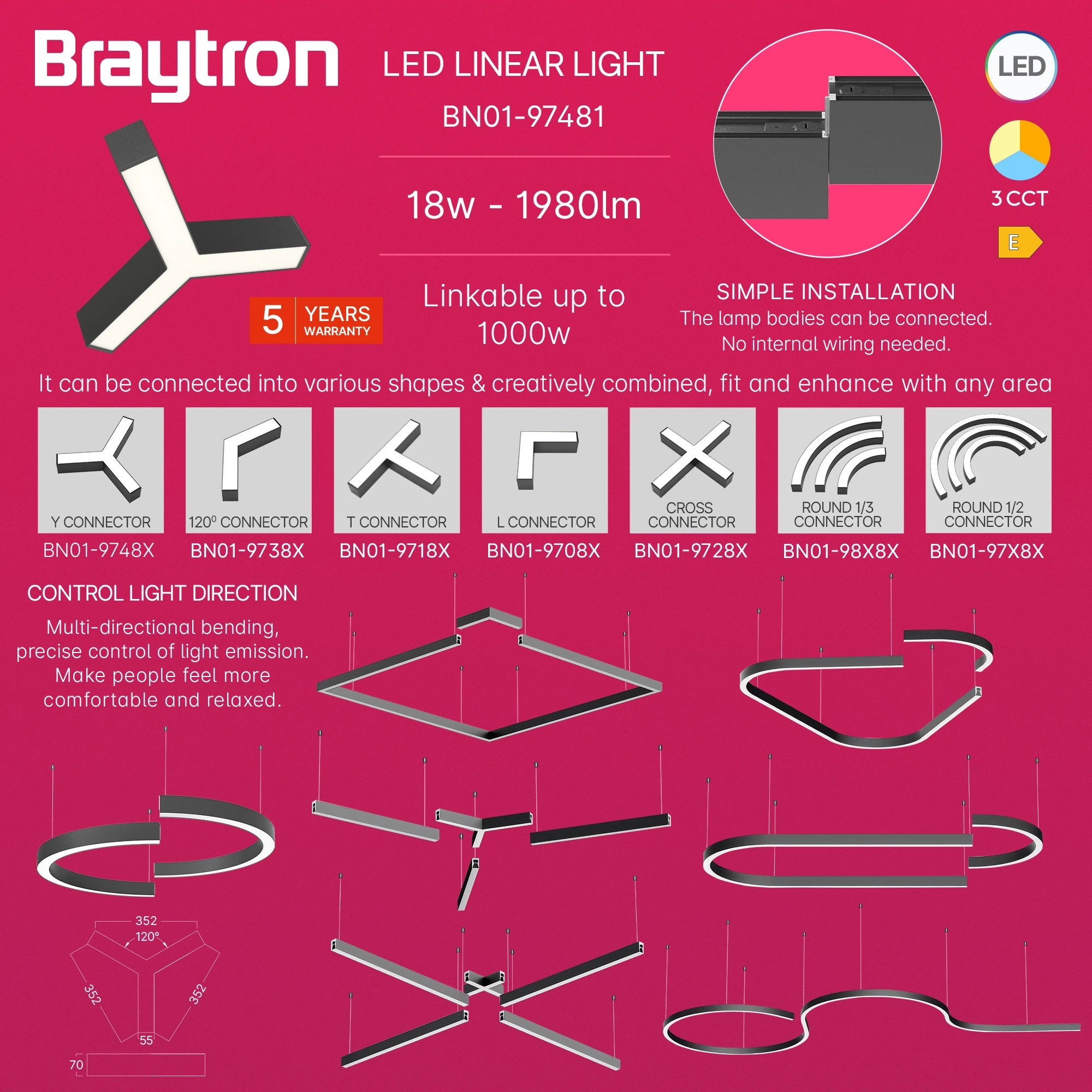 LED LINEARNA SVETILJKA Y-OBLIK 13W CRNI CCT IP20 — slika 3