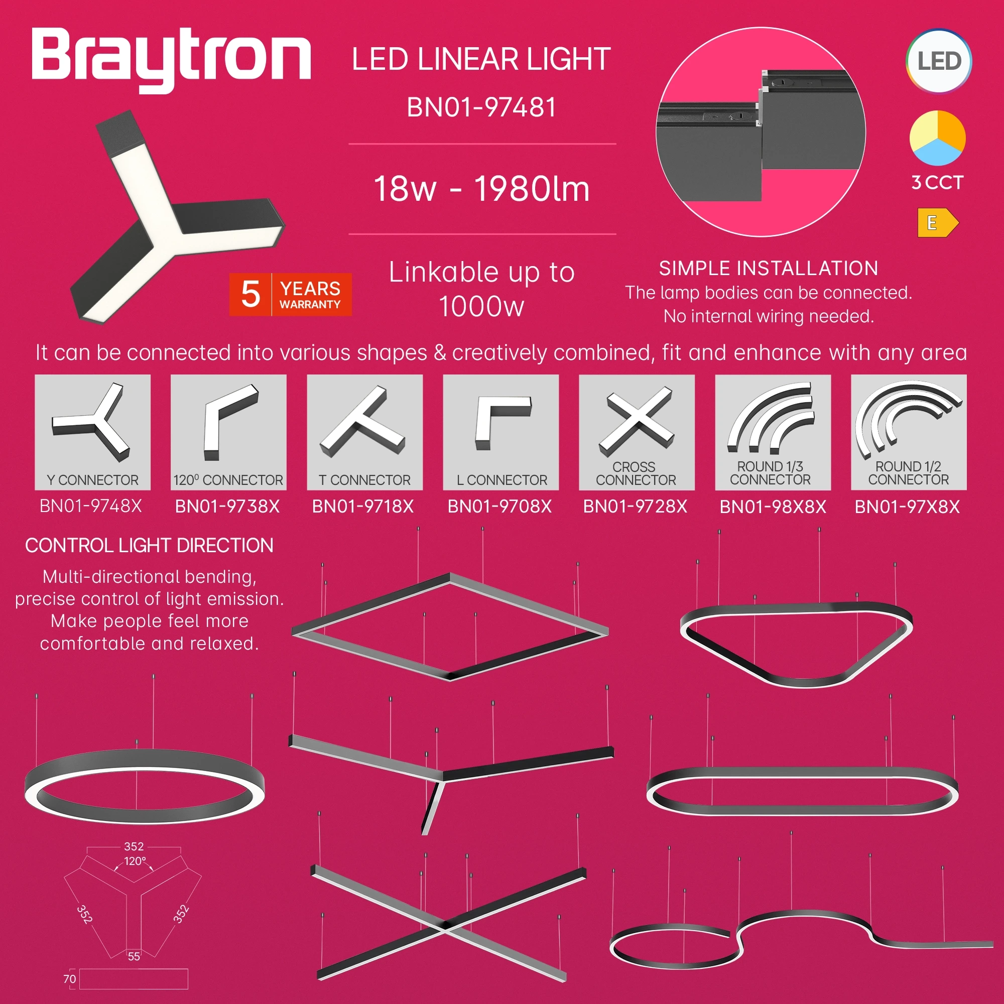 LED LINEARNA SVETILJKA Y-OBLIK 13W CRNI CCT IP20 — slika 4