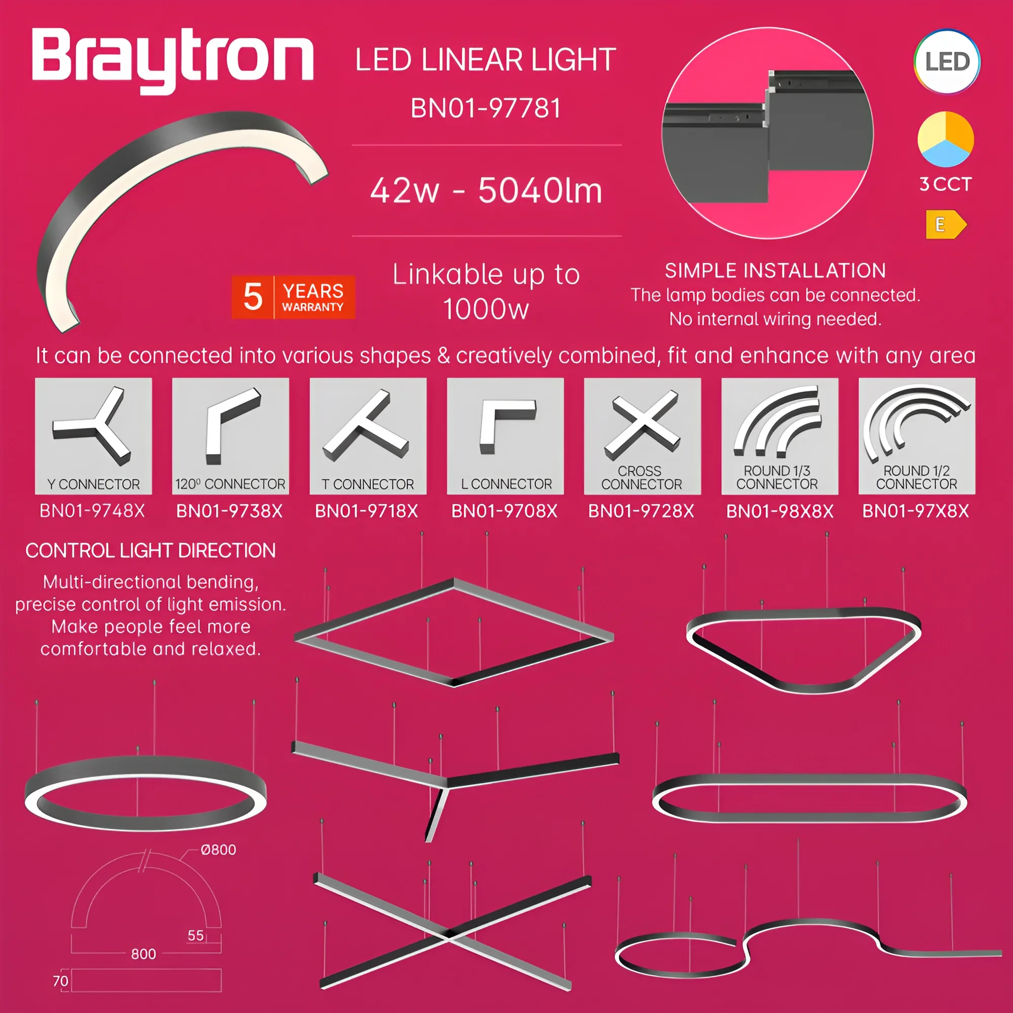 LED LINEARNA SVETILJKA POLUKRUG 42W CRNI CCT IP20 — slika 4