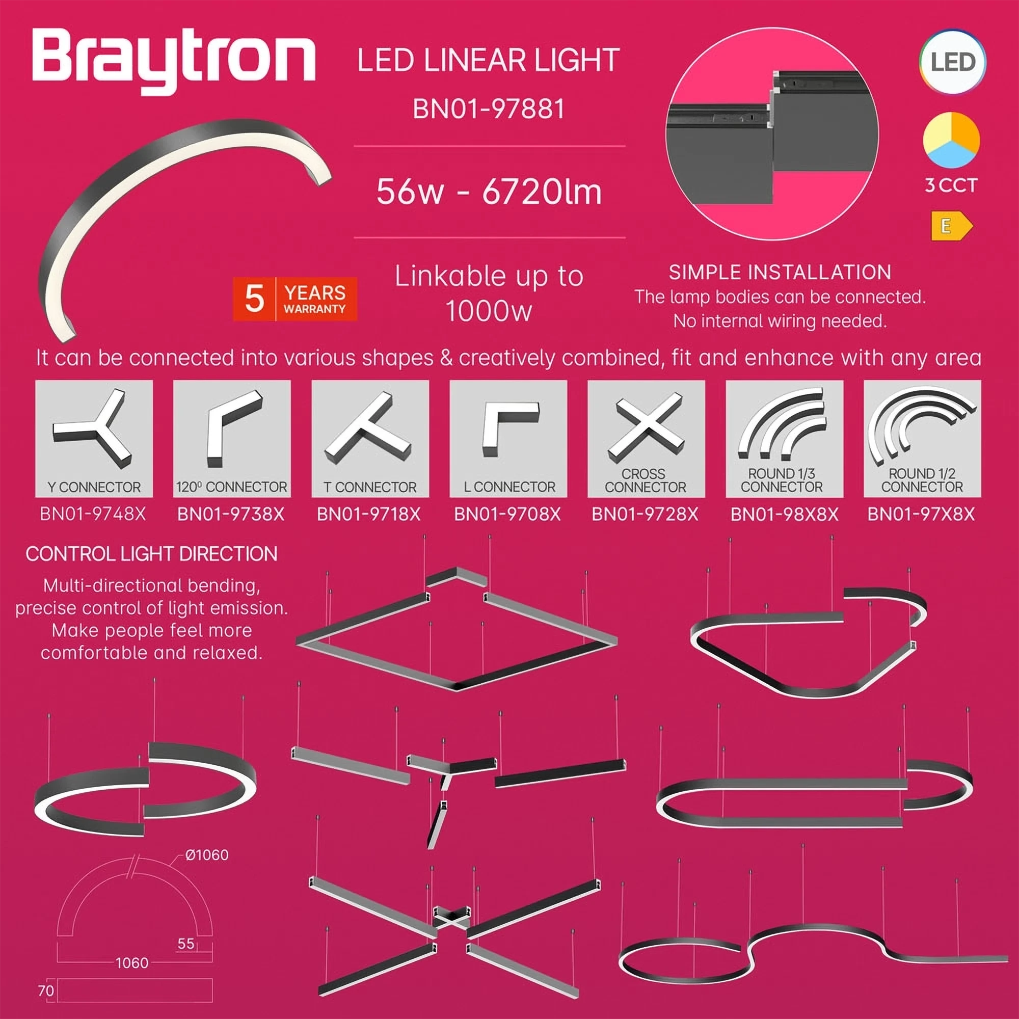 LED LINEARNA SVETILJKA POLUKRUG 56W CRNI CCT IP20 — slika 3